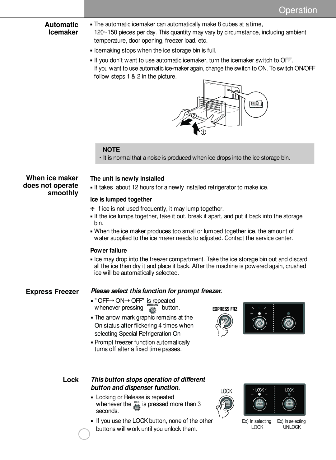 LG Electronics LSC26905 owner manual Automatic Icemaker, When ice maker does not operate smoothly, Lock 