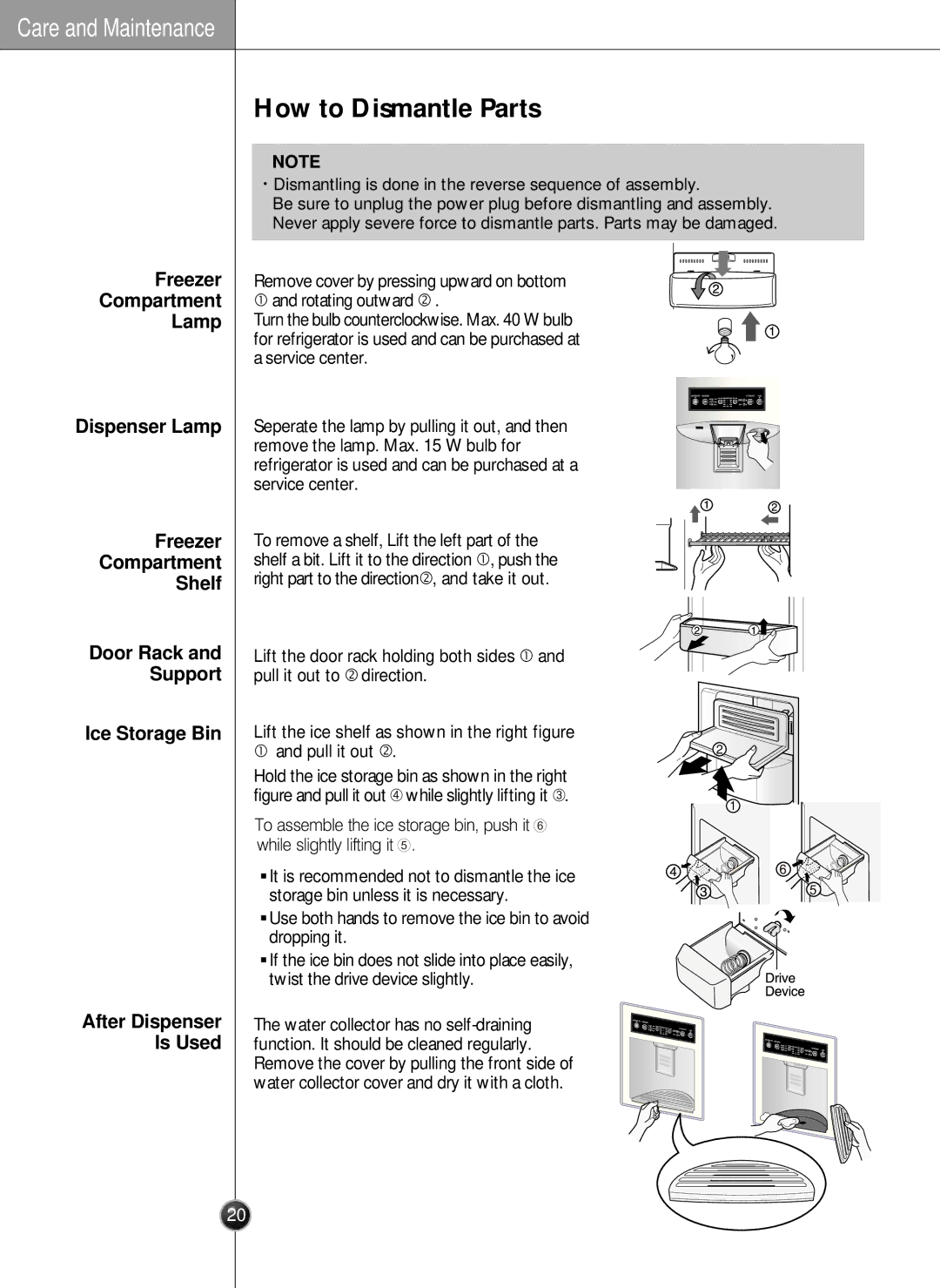 LG Electronics LSC26905 owner manual How to Dismantle Parts, Freezer Compartment Lamp Dispenser Lamp, Ice Storage Bin 