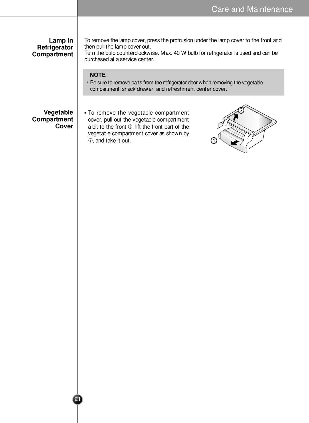 LG Electronics LSC26905 owner manual Lamp Refrigerator Compartment, Vegetable Compartment Cover, Take it out 