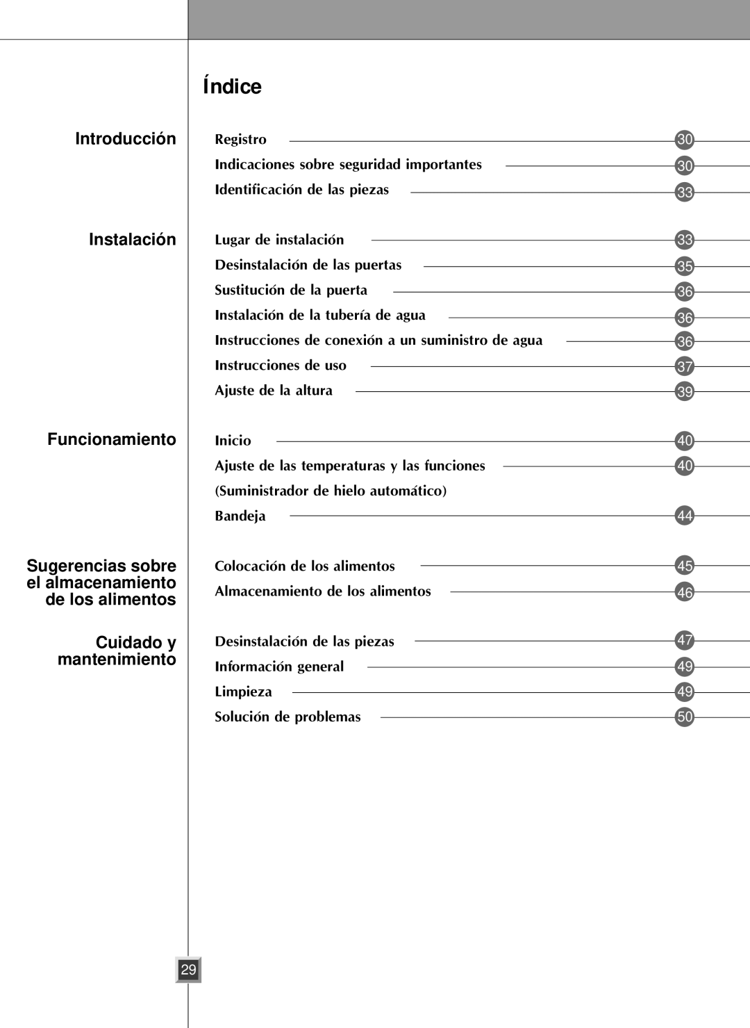 LG Electronics LSC26905 owner manual Índice, Instrucciones de conexión a un suministro de agua 