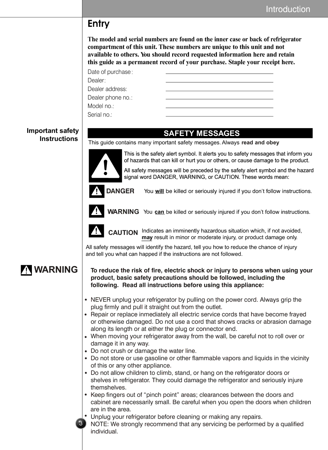 LG Electronics LSC26905 owner manual Entry, Important safety Instructions 