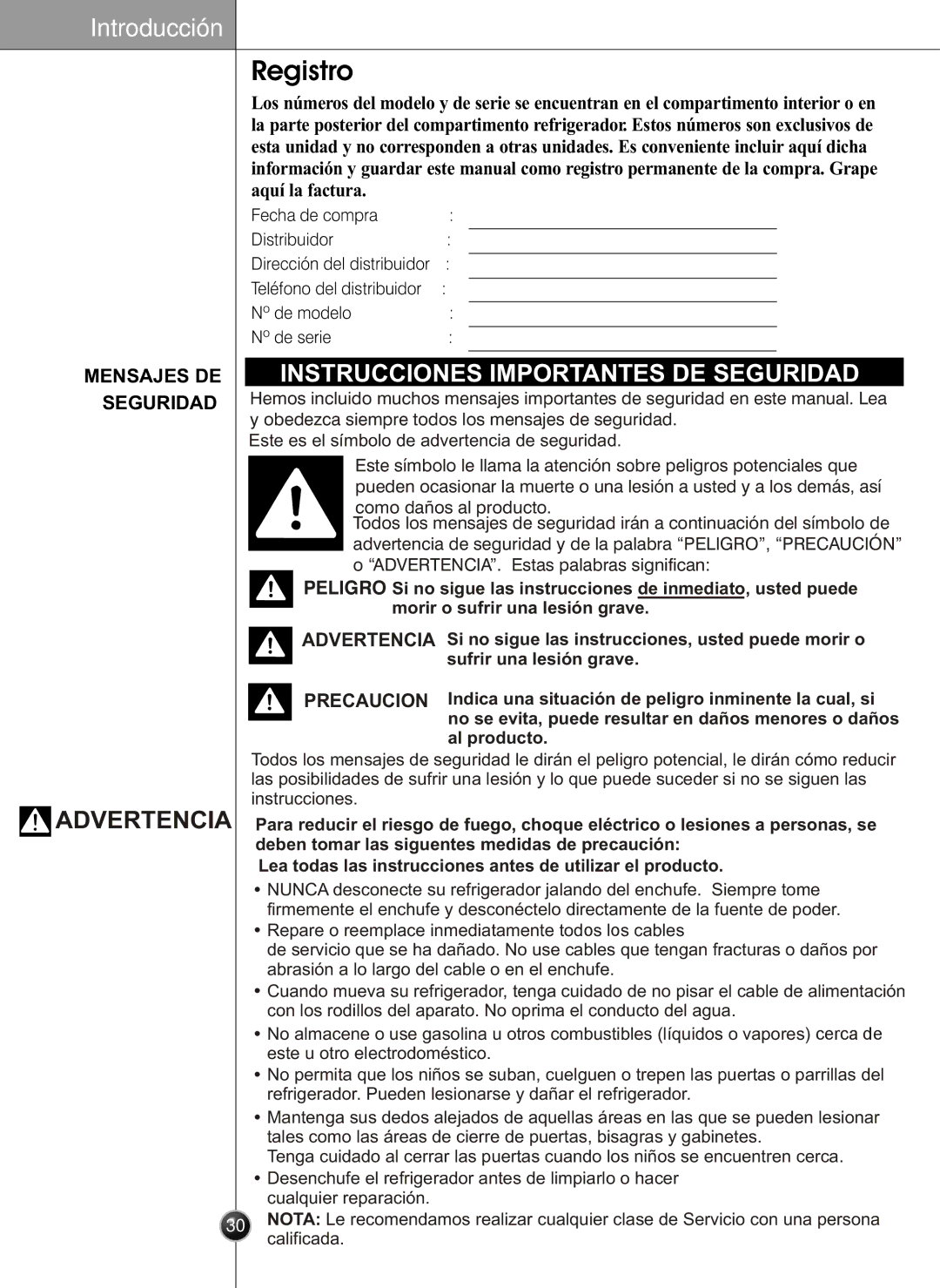 LG Electronics LSC26905 Registro, Fecha de compra Distribuidor, Teléfono del distribuidor Nº de modelo Nº de serie 