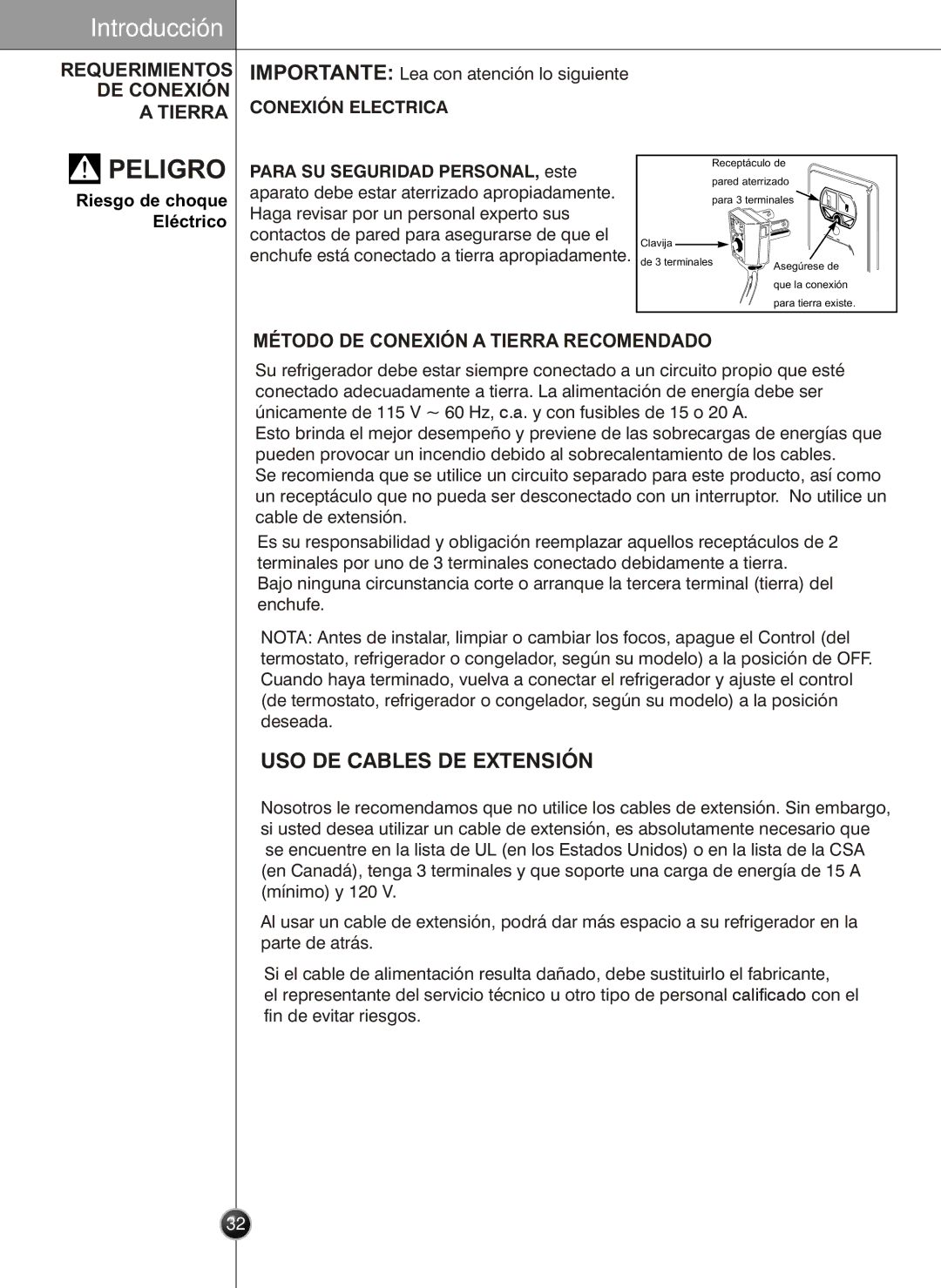 LG Electronics LSC26905 owner manual Peligro, Riesgo de choque Eléctrico 