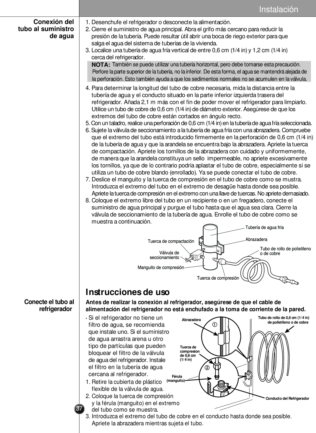 LG Electronics LSC26905 owner manual Instrucciones de uso, Conexión del, Tubo al suministro, De agua 