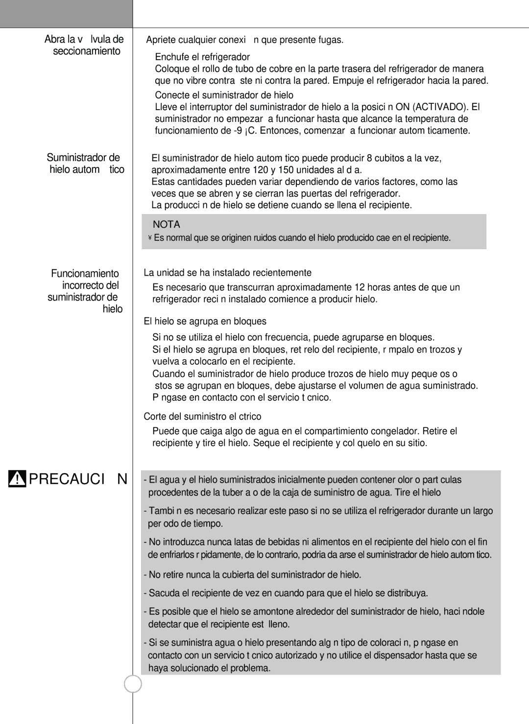 LG Electronics LSC26905 owner manual Conecte el suministrador de hielo, La unidad se ha instalado recientemente 