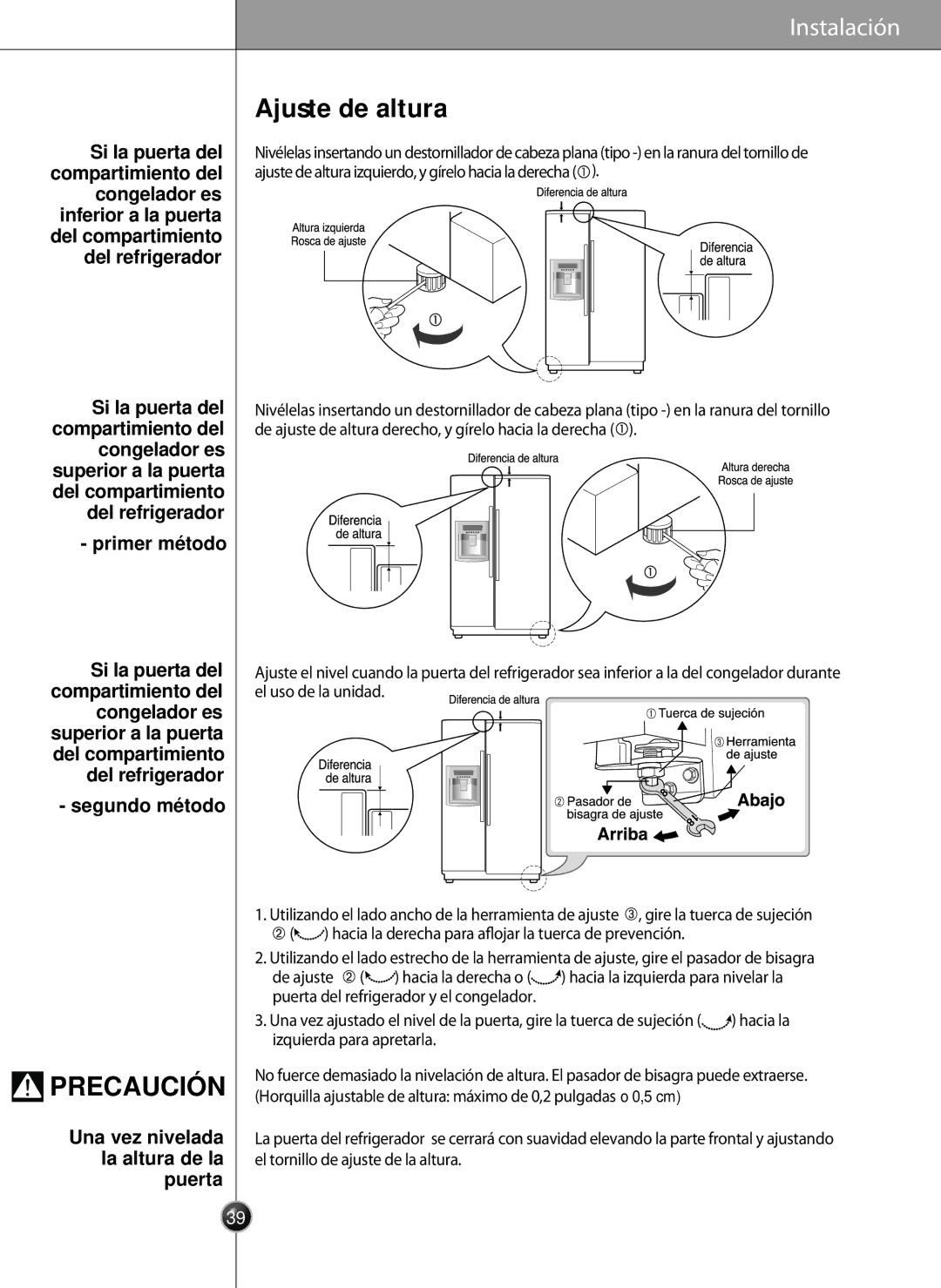 LG Electronics LSC26905 Ajuste de altura, Primer método, Segundo método, Una vez nivelada la altura de la puerta 