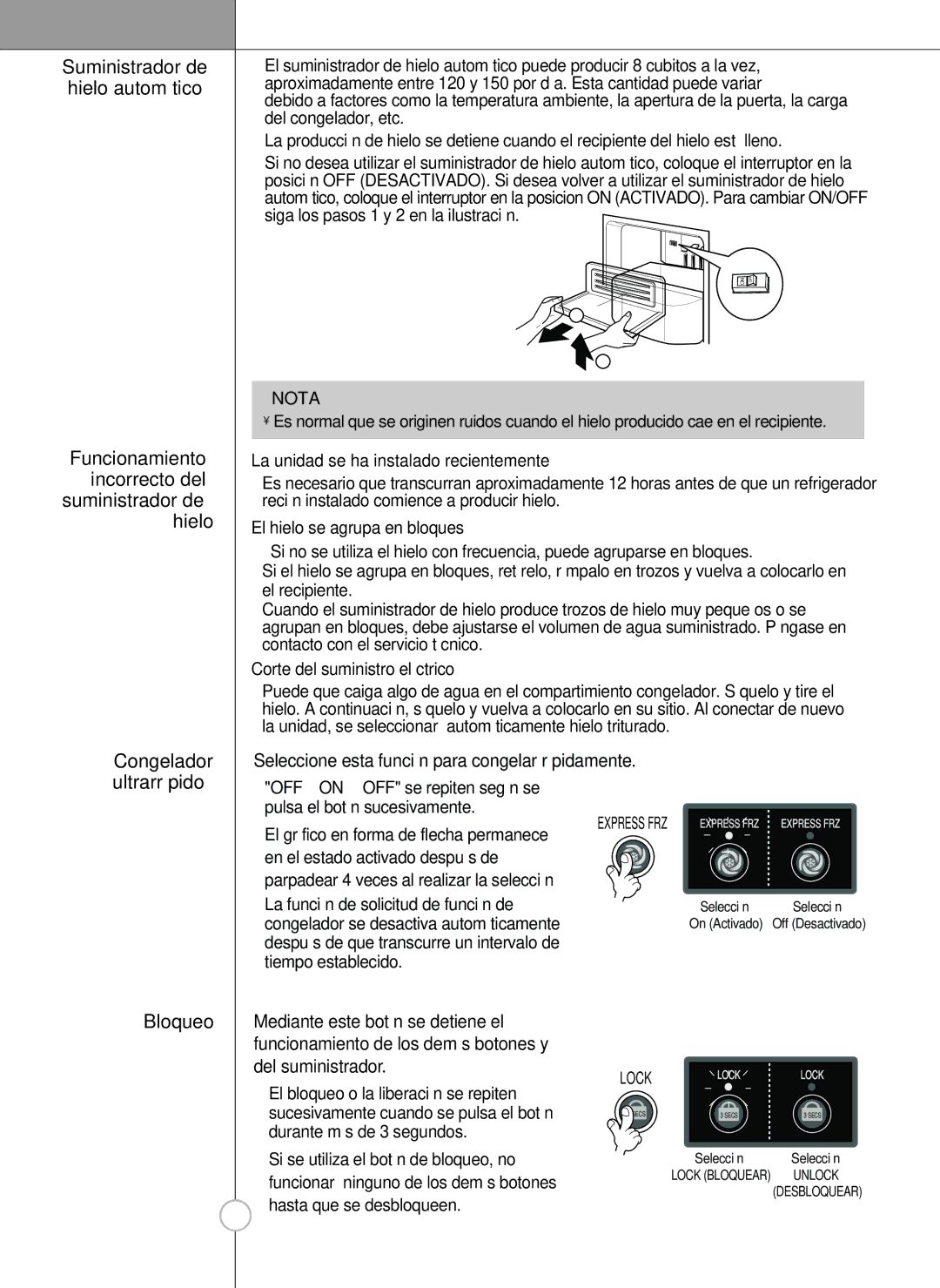 LG Electronics LSC26905 Suministrador de hielo automático, Funcionamiento incorrecto del suministrador de hielo, Bloqueo 