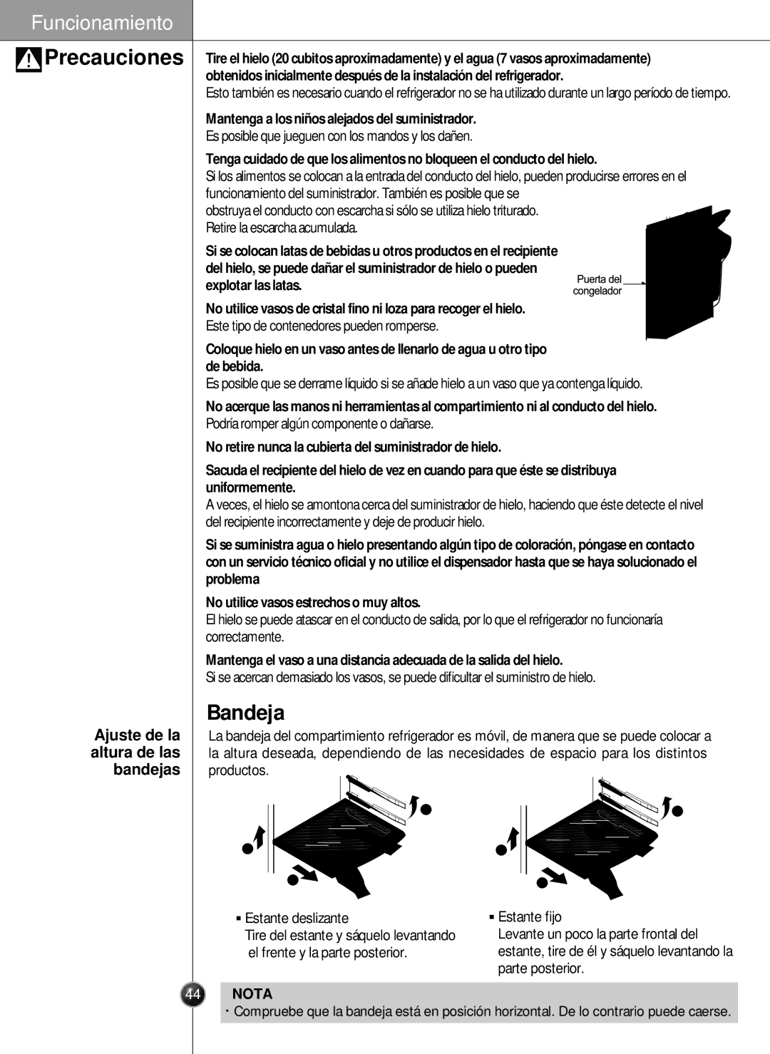 LG Electronics LSC26905 Bandeja, Ajuste de la altura de las bandejas, Mantenga a los niños alejados del suministrador 