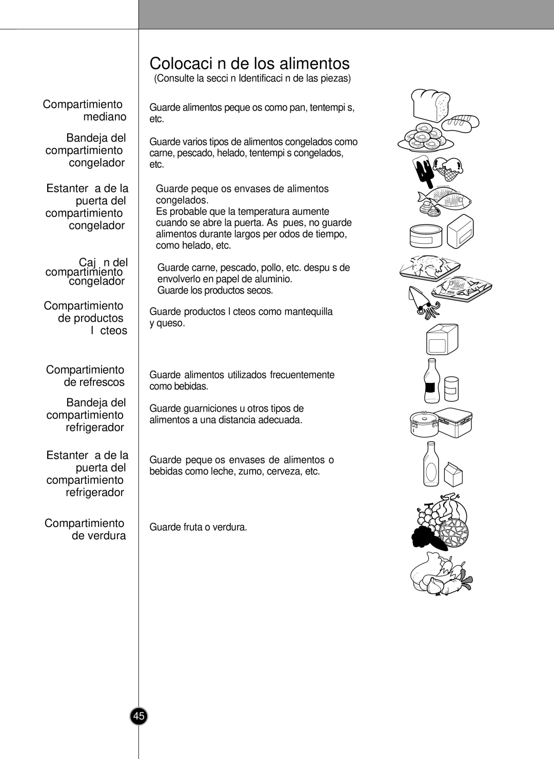 LG Electronics LSC26905 owner manual Colocación de los alimentos, Compartimiento de refrescos 