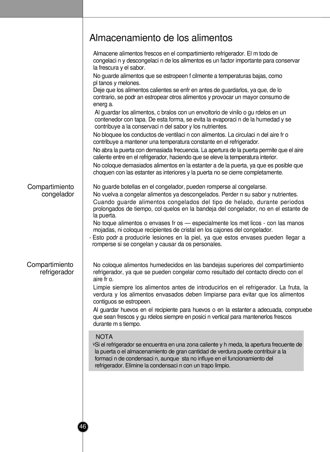 LG Electronics LSC26905 owner manual Almacenamiento de los alimentos 