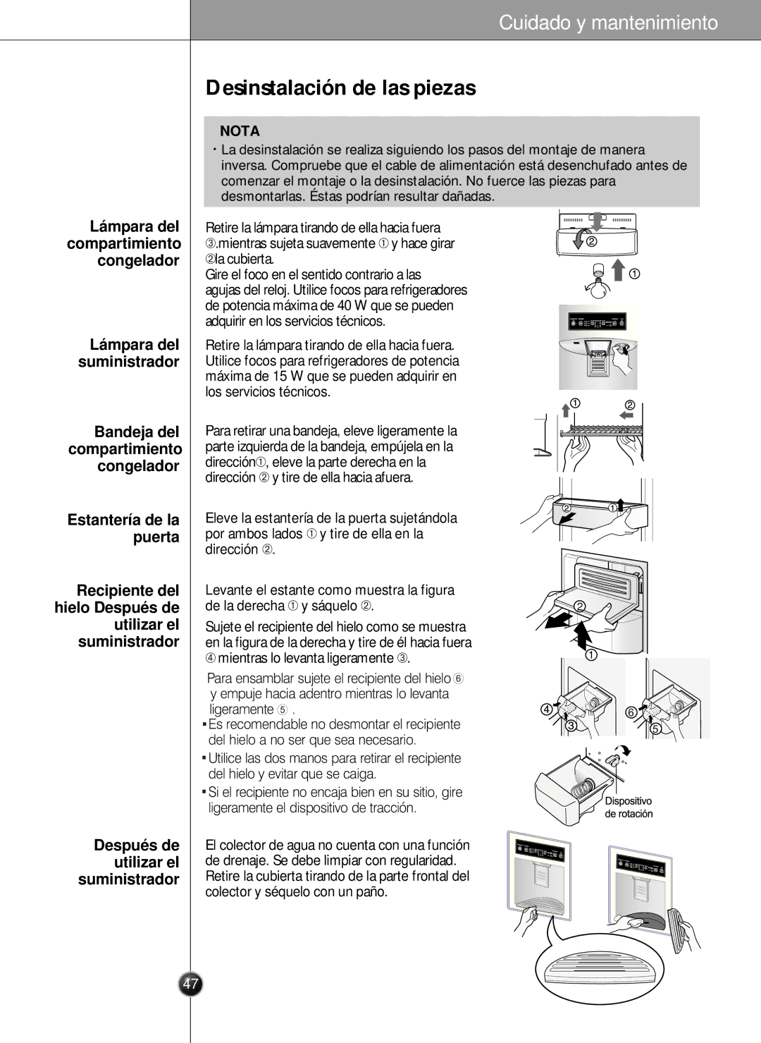 LG Electronics LSC26905 Desinstalación de las piezas, Lá mpara del compartimiento congelador, Lá mpara del suministrador 