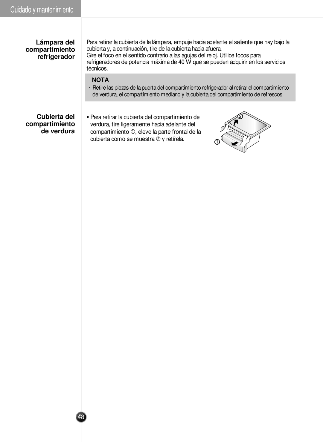 LG Electronics LSC26905 owner manual Lá mpara del compartimiento refrigerador, Cubierta del compartimiento de verdura 