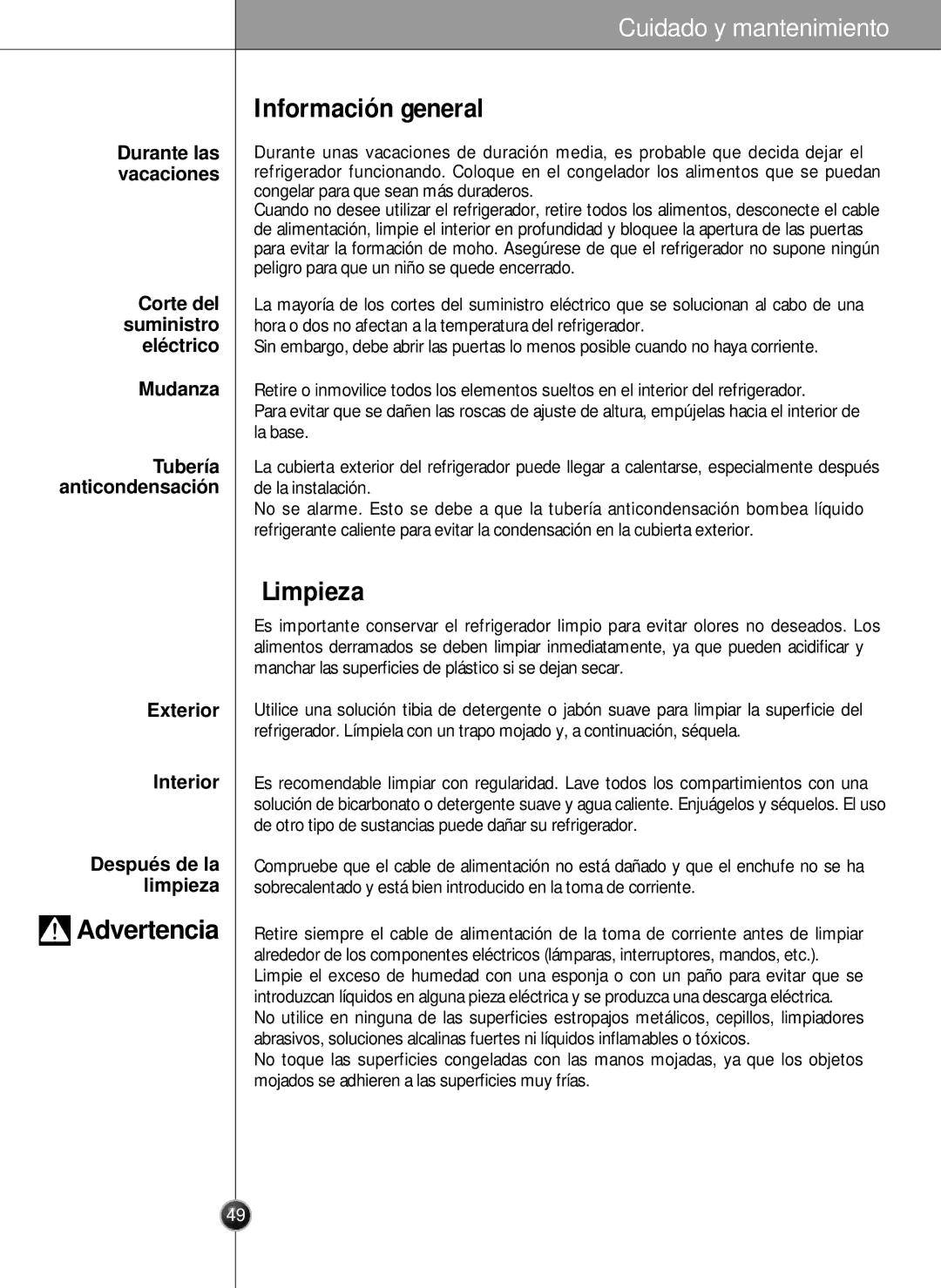 LG Electronics LSC26905 owner manual Información general, Limpieza, Corte del suministro elé ctrico Mudanza 