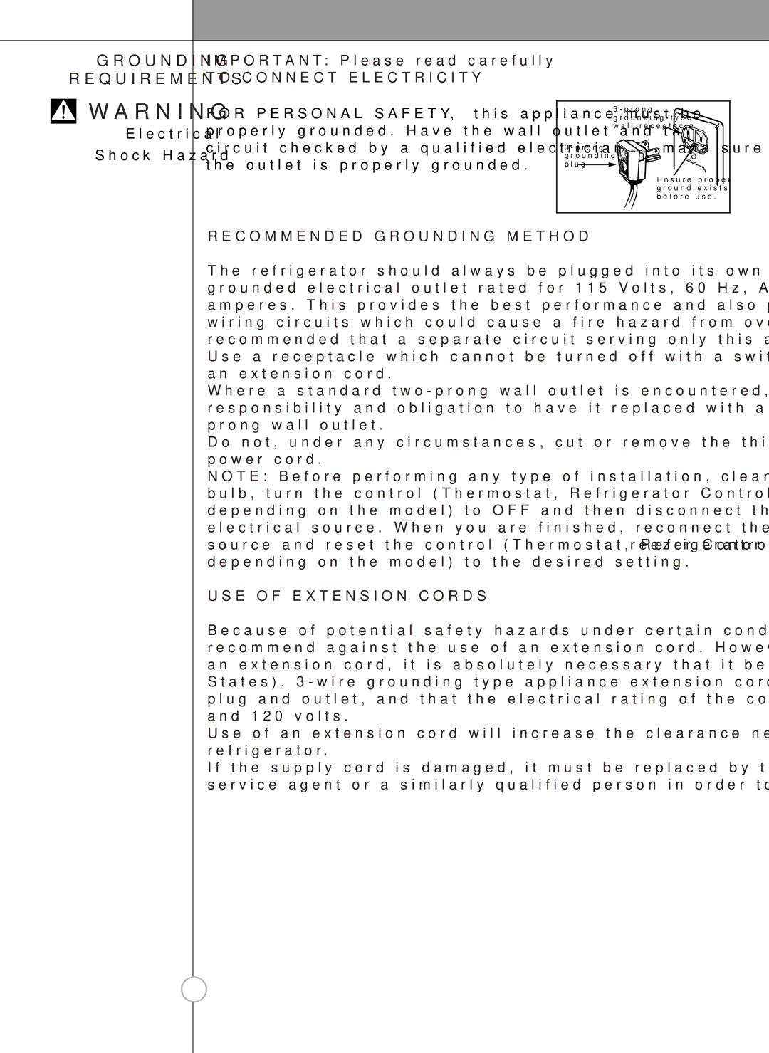 LG Electronics LSC26905 owner manual Grounding Requirements, Electrical Shock Hazard 