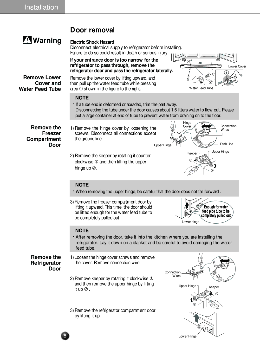 LG Electronics LSC26905 owner manual Door removal, Remove Lower Cover Water Feed Tube, Remove Freezer Compartment Door 