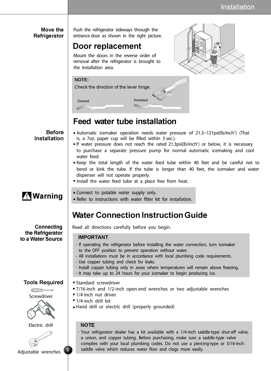 LG Electronics LSC26905 owner manual Door replacement, Feed water tube installation, Water Connection Instruction Guide 