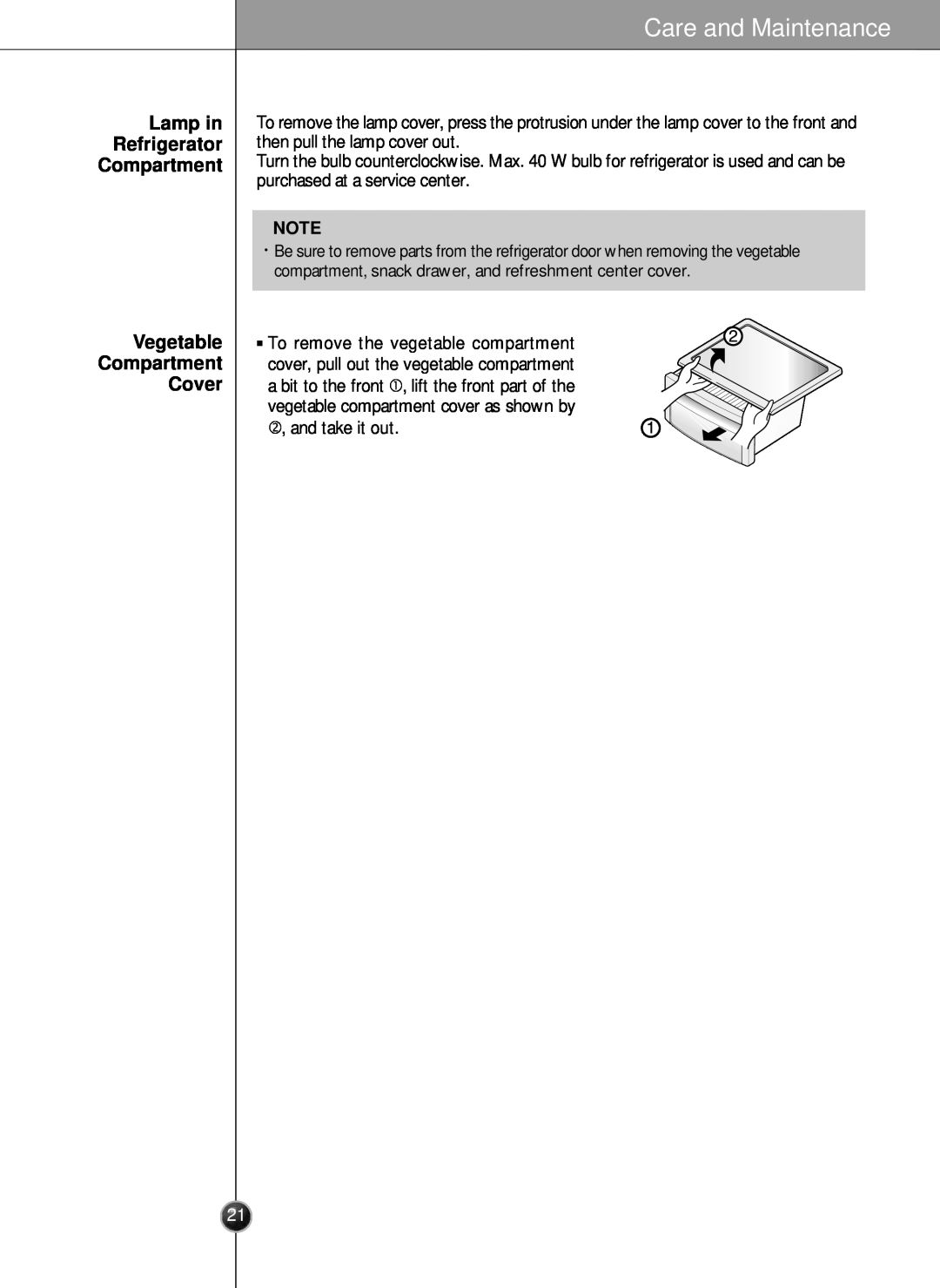 LG Electronics LSC26905 owner manual Care and Maintenance, Lamp in Refrigerator Compartment, Vegetable Compartment Cover 