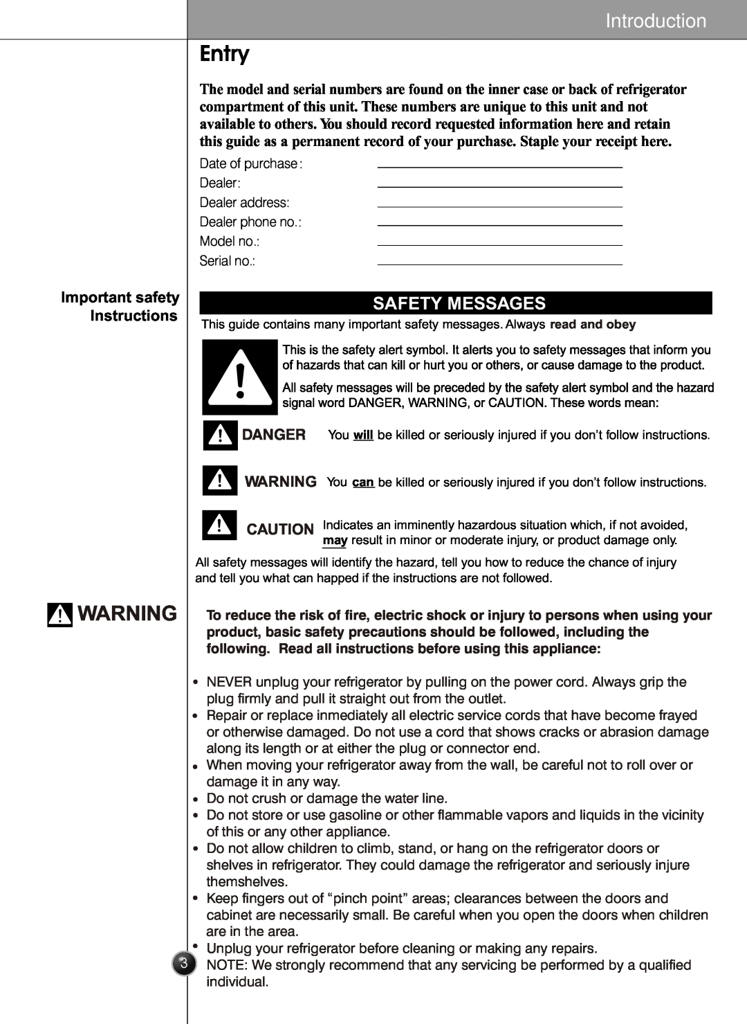 LG Electronics LSC26905 owner manual Entry, Introduction, Important safety Instructions, Danger, Safety Messages 