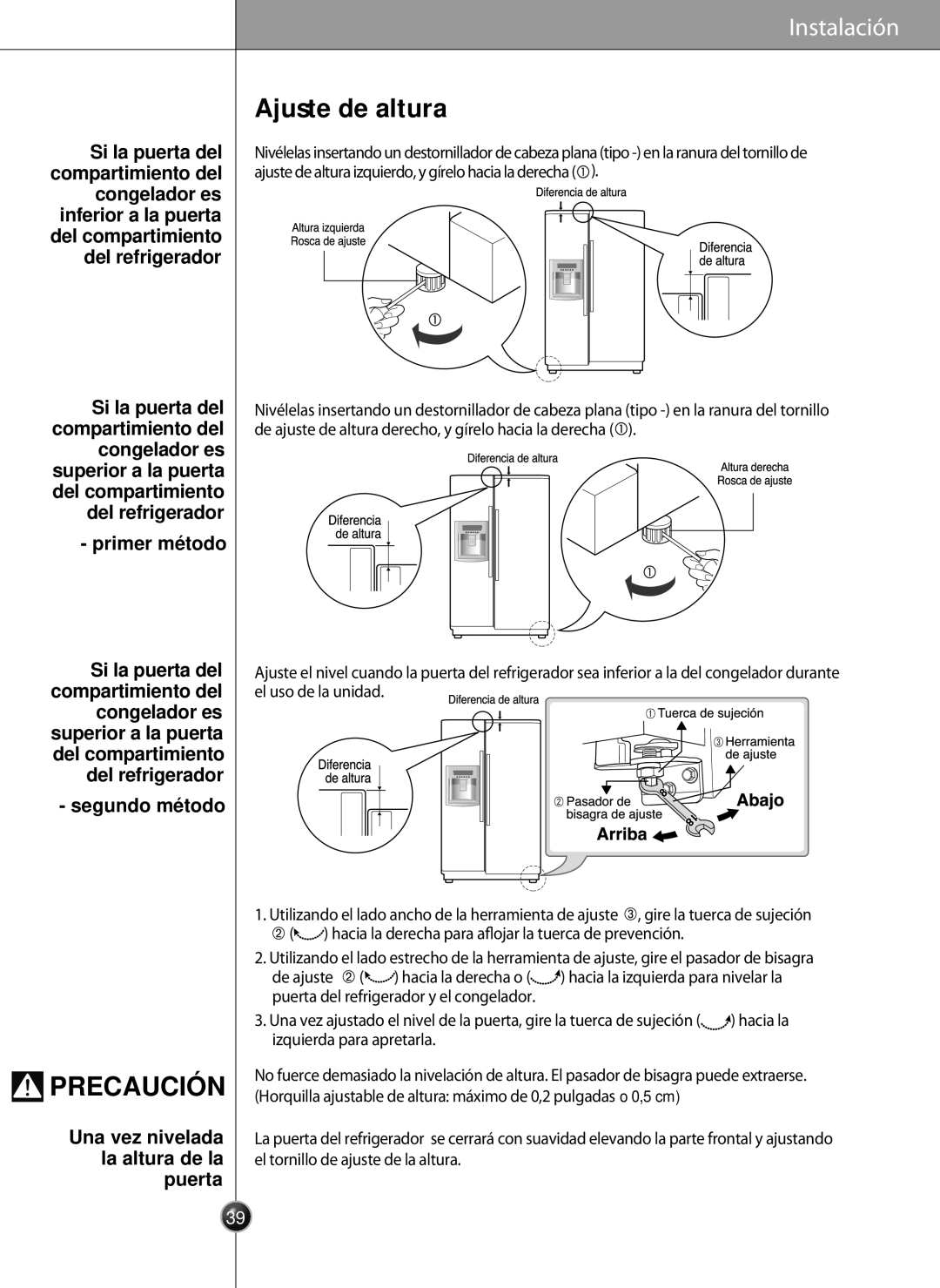 LG Electronics LSC26905 owner manual Ajuste de altura, Precaución, primer método, segundo método, Instalación 