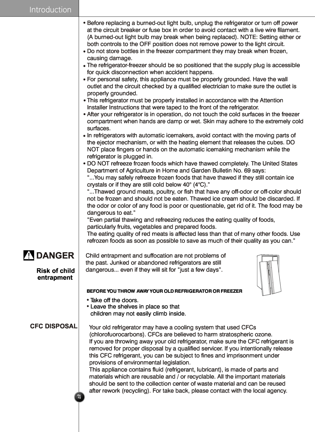 LG Electronics LSC26905 owner manual Danger, Introduction, Risk of child entrapment, Cfc Disposal 