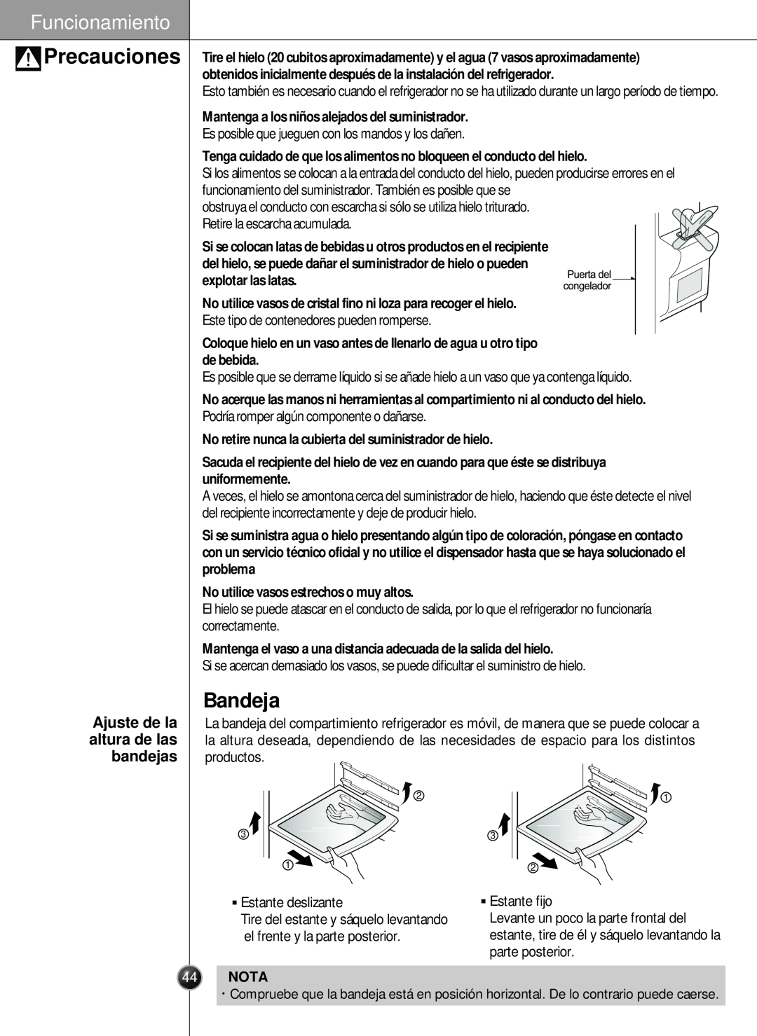 LG Electronics LSC26905 owner manual Bandeja, Precauciones, Ajuste de la altura de las bandejas, Funcionamiento, Nota 
