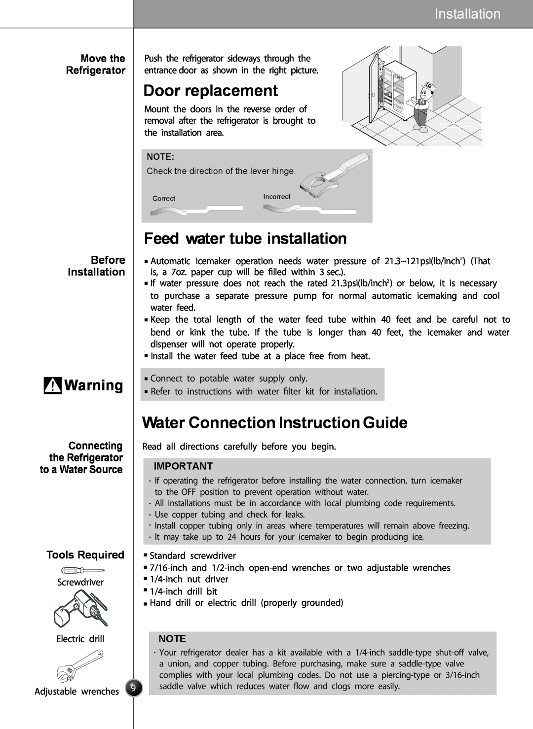 LG Electronics LSC26905 Door replacement, Feed water tube installation, Water Connection Instruction Guide, Installation 
