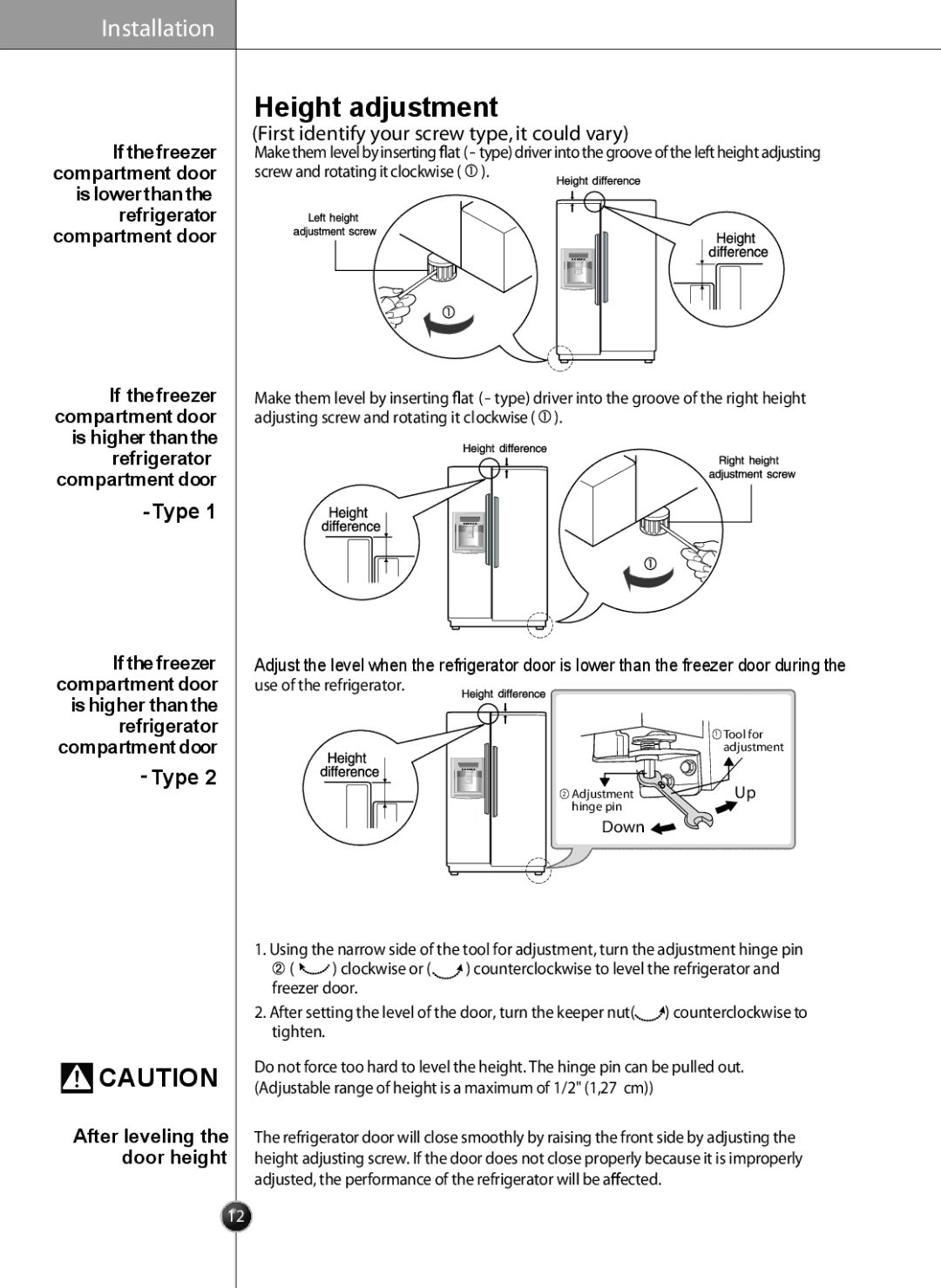 LG Electronics LSC27910** owner manual Height adjustment, After leveling the door height, Tighten 