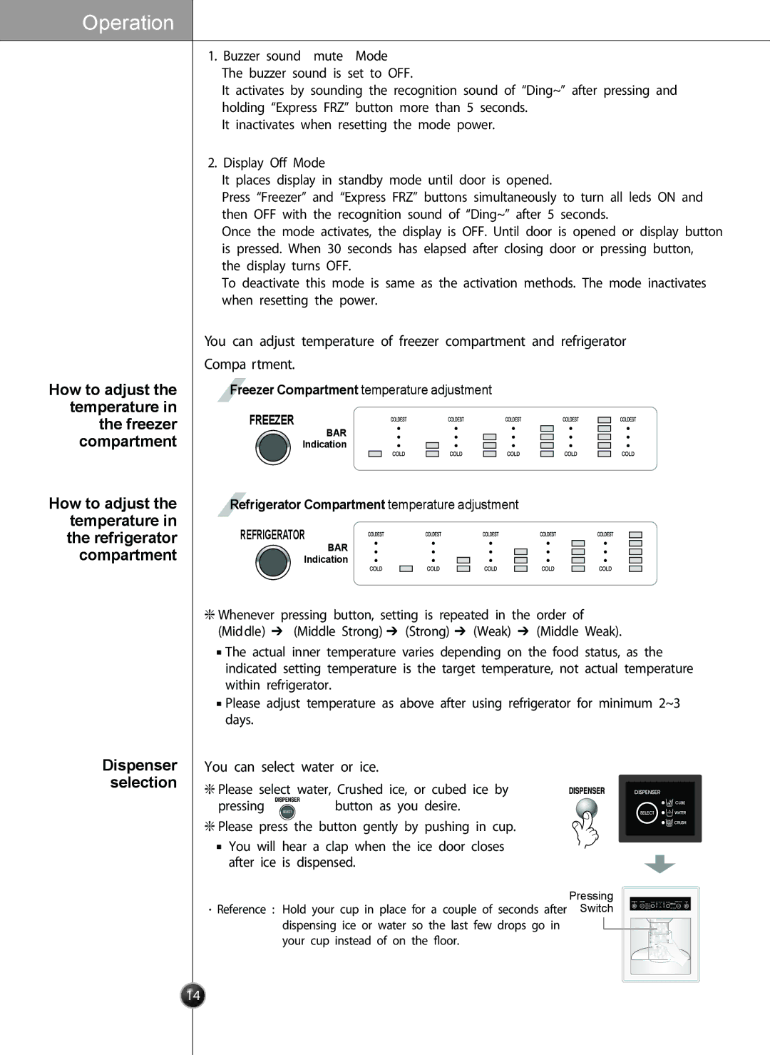 LG Electronics LSC27910** owner manual Dispenser selection, Please select water, Crushed ice, or cubed ice by Pressing 