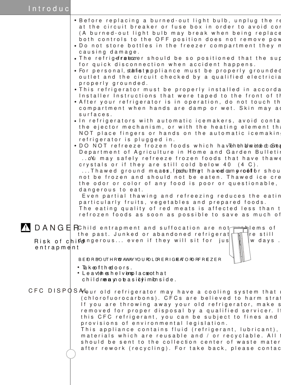 LG Electronics LSC27910** owner manual Introduction, Risk of child entrapment 