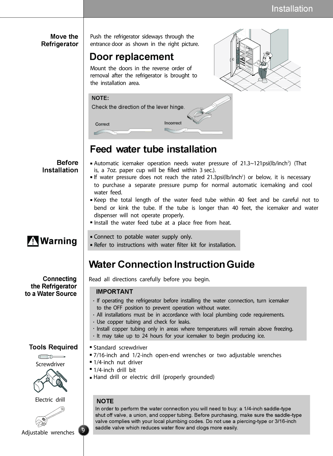 LG Electronics LSC27910** owner manual Door replacement, Feed water tube installation, Water Connection Instruction Guide 