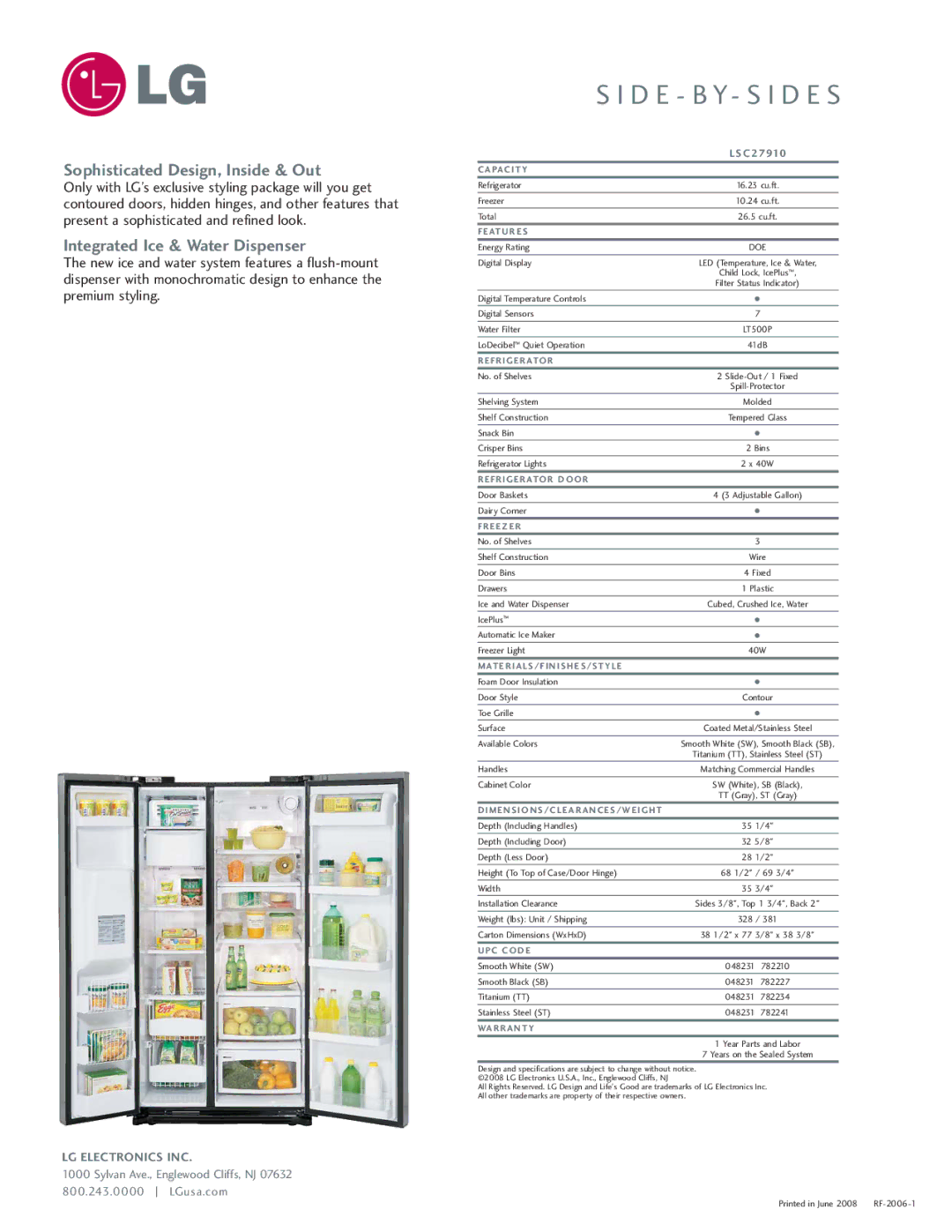 LG Electronics LSC27910TT manual Sophisticated Design, Inside & Out, Integrated Ice & Water Dispenser 