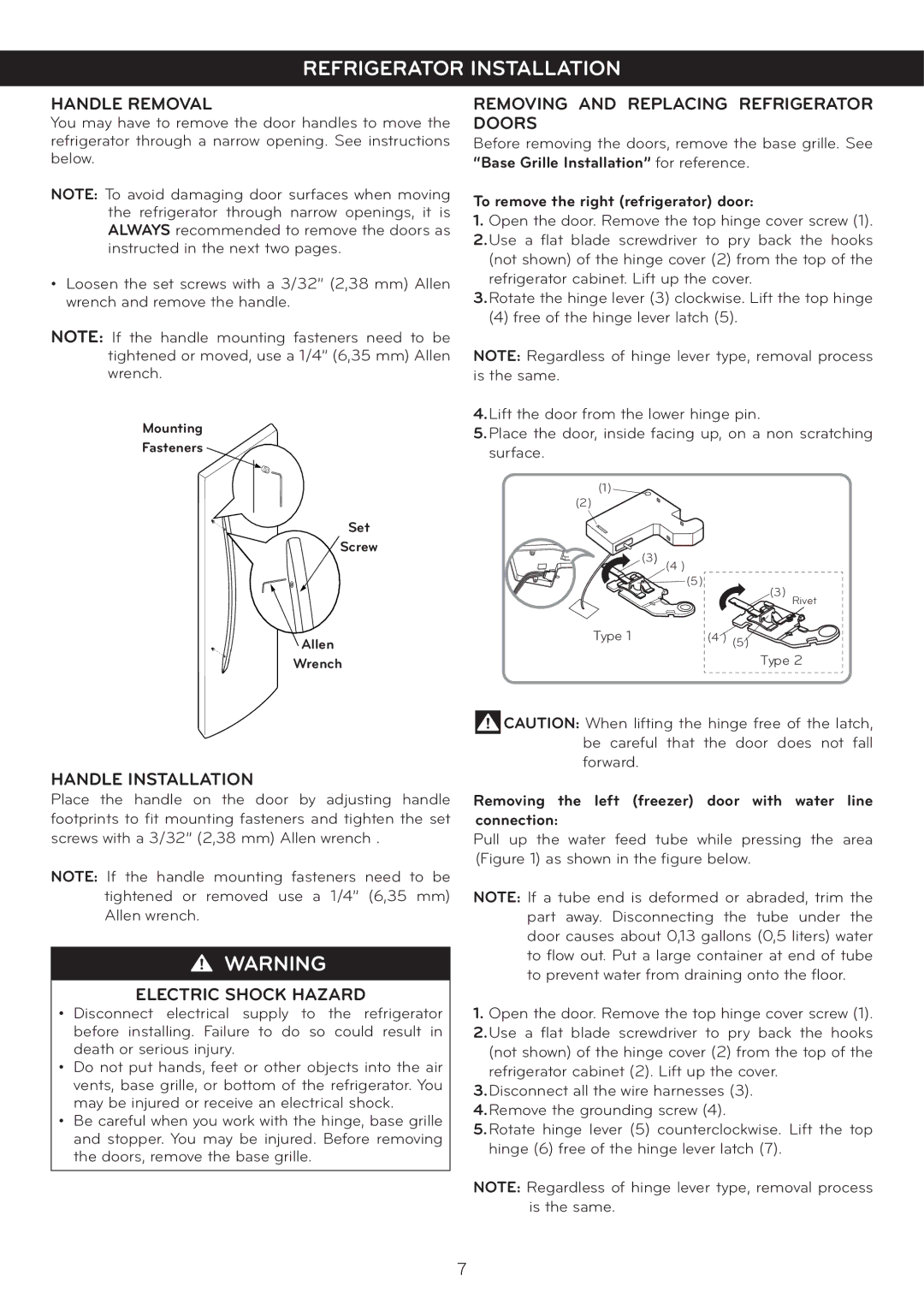 LG Electronics LSC27925**, LSC27925ST Handle Removal, Removing and Replacing Refrigerator Doors, Handle Installation 