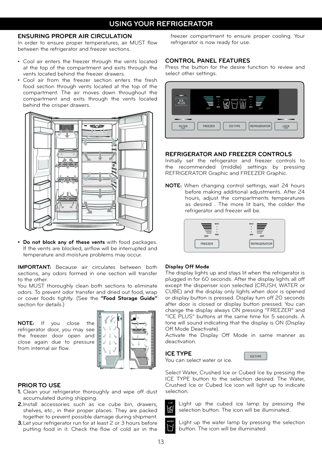 LG Electronics LSC27925** Using Your Refrigerator, Ensuring Proper Air Circulation, Control Panel Features, Prior To Use 