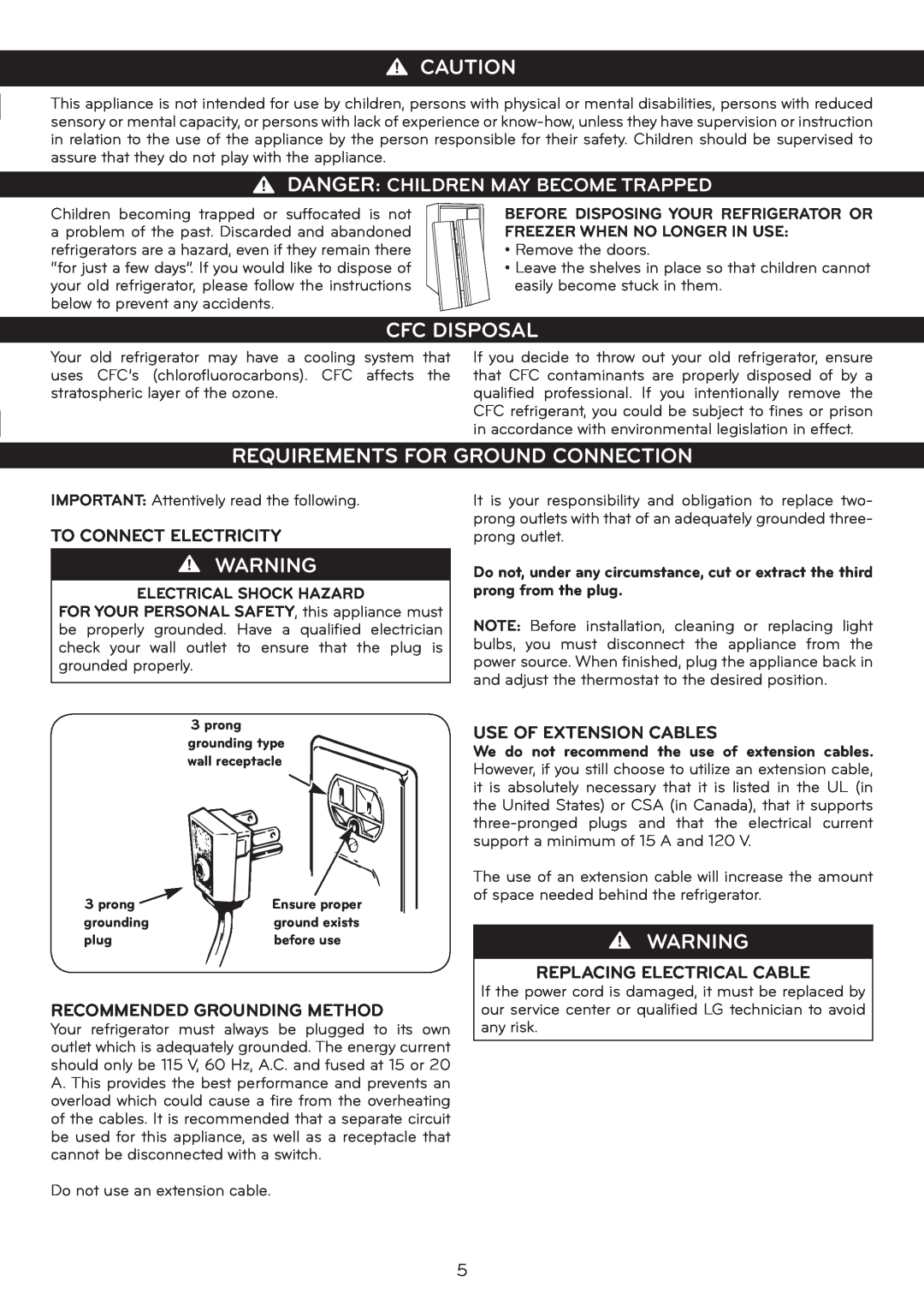 LG Electronics LSC27925**, LSC27925ST owner manual Cfc Disposal, Requirements For Ground Connection, To Connect Electricity 