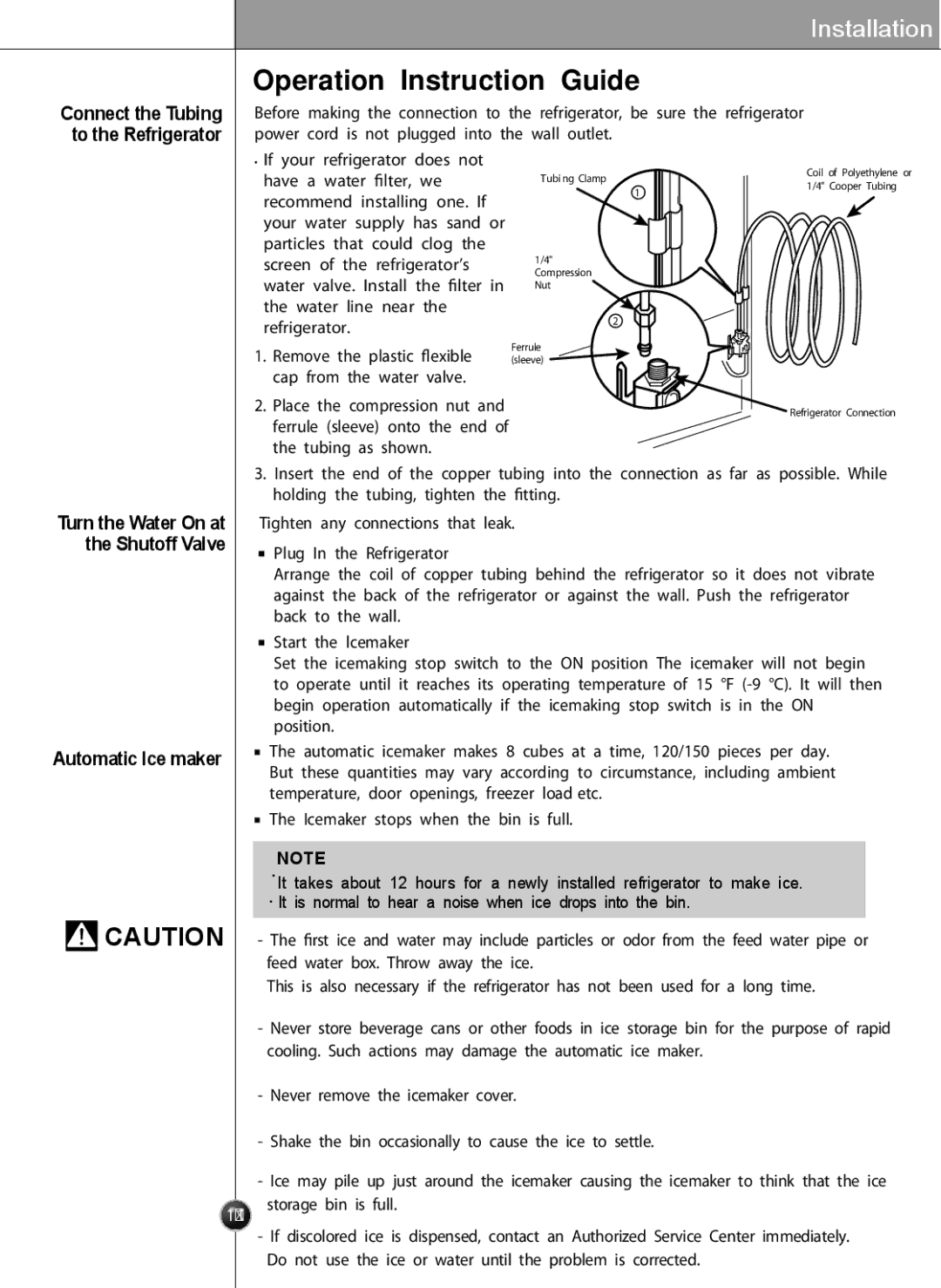 LG Electronics LSC27926SB Operation Instruction Guide, Automatic Ice maker, Connect the Tubing to the Refrigerator 