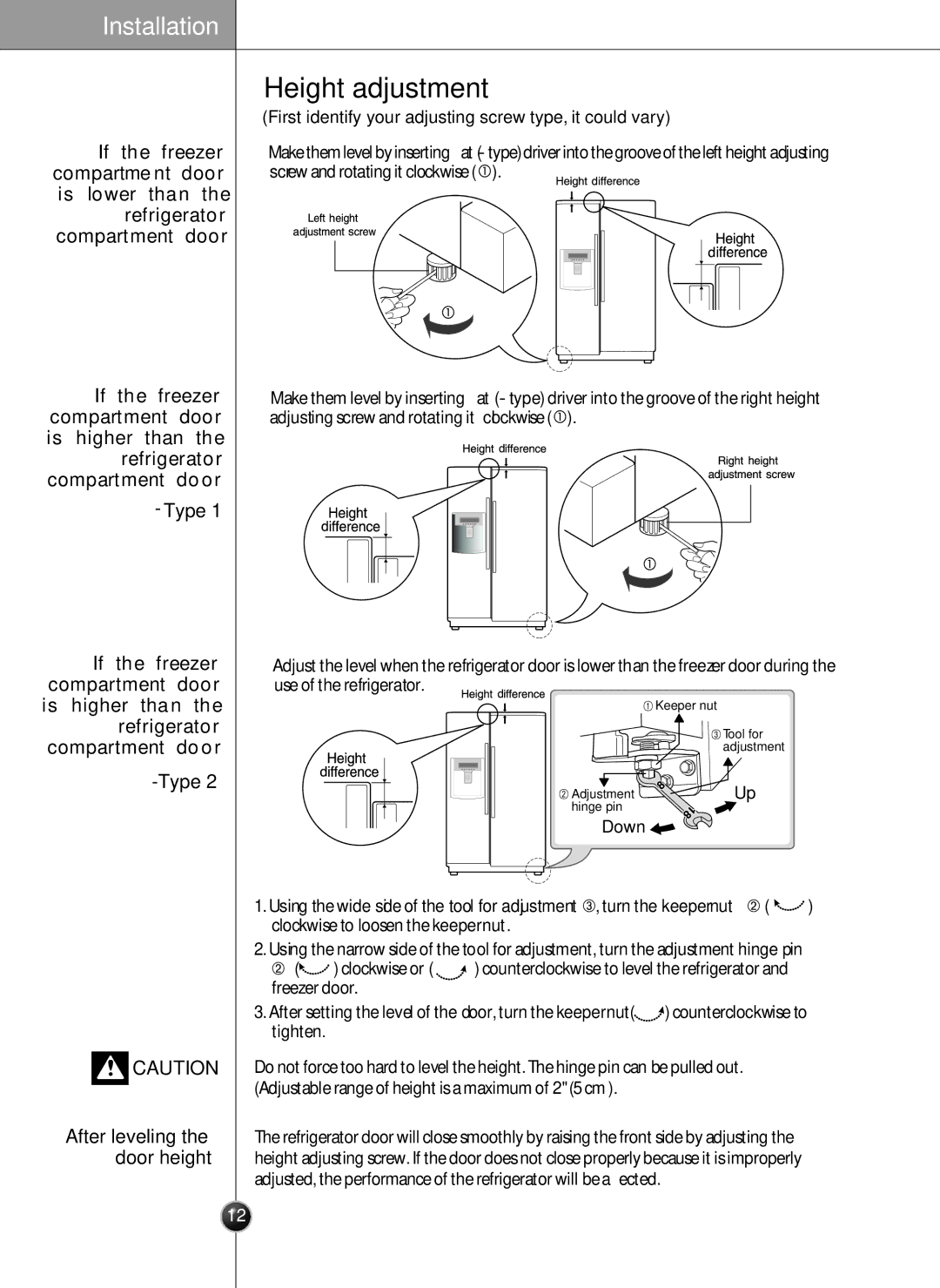 LG Electronics LSC27926SW, LSC27926TT, LSC27926ST, LSC27926SB Height adjustment, Down After leveling the door height 