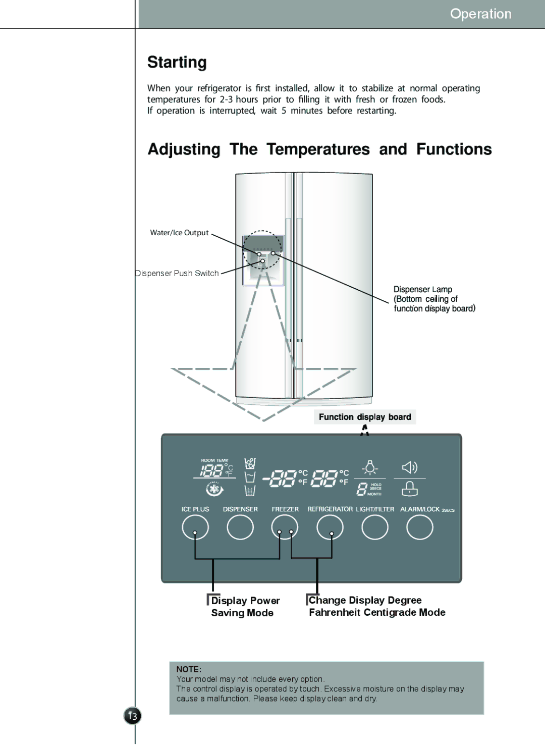 LG Electronics LSC27926TT, LSC27926SW, LSC27926ST, LSC27926SB owner manual Starting, Adjusting The Temperatures and Functions 