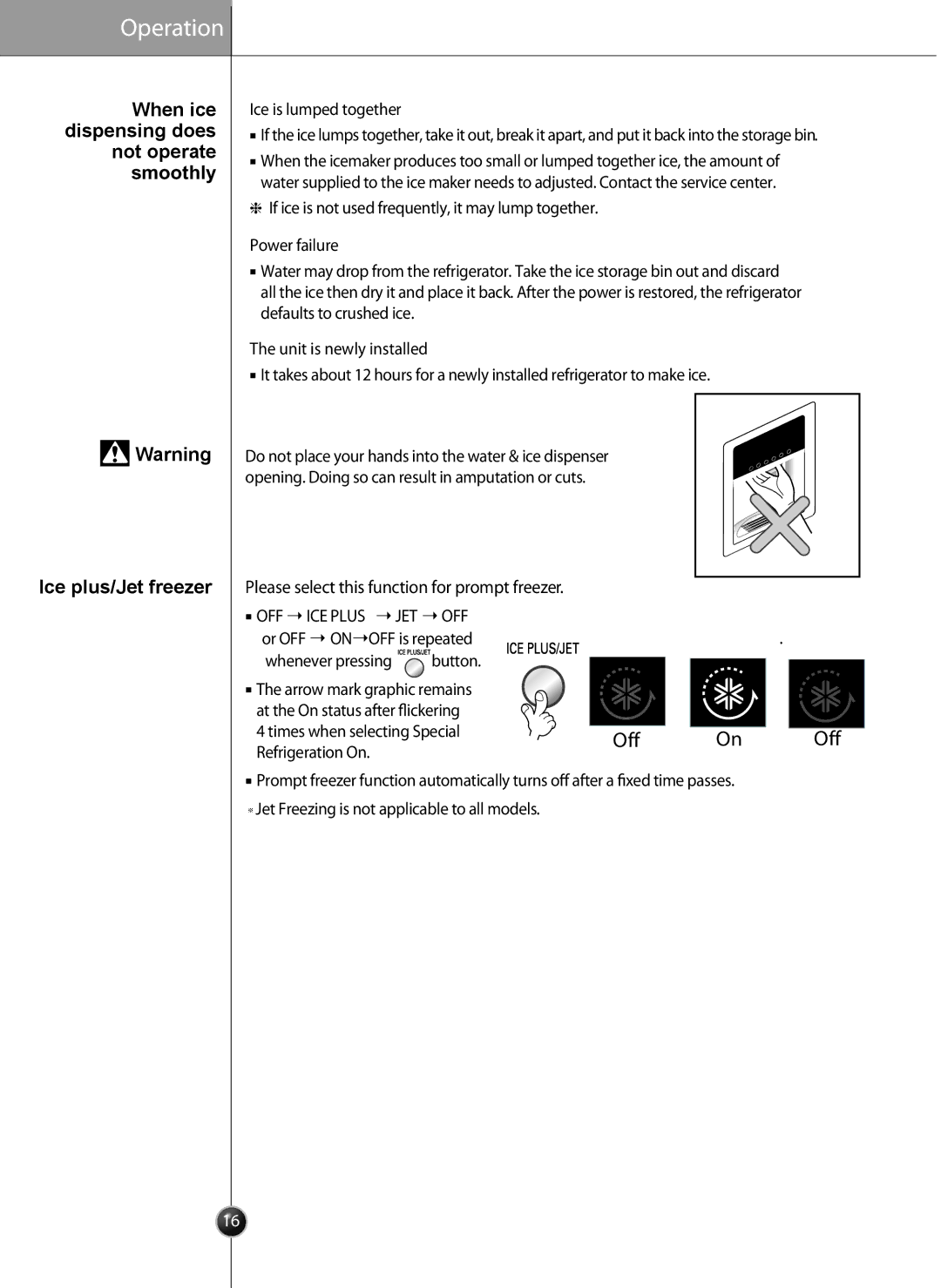 LG Electronics LSC27926SW Ice is lumped together, If ice is not used frequently, it may lump together, Power failure 