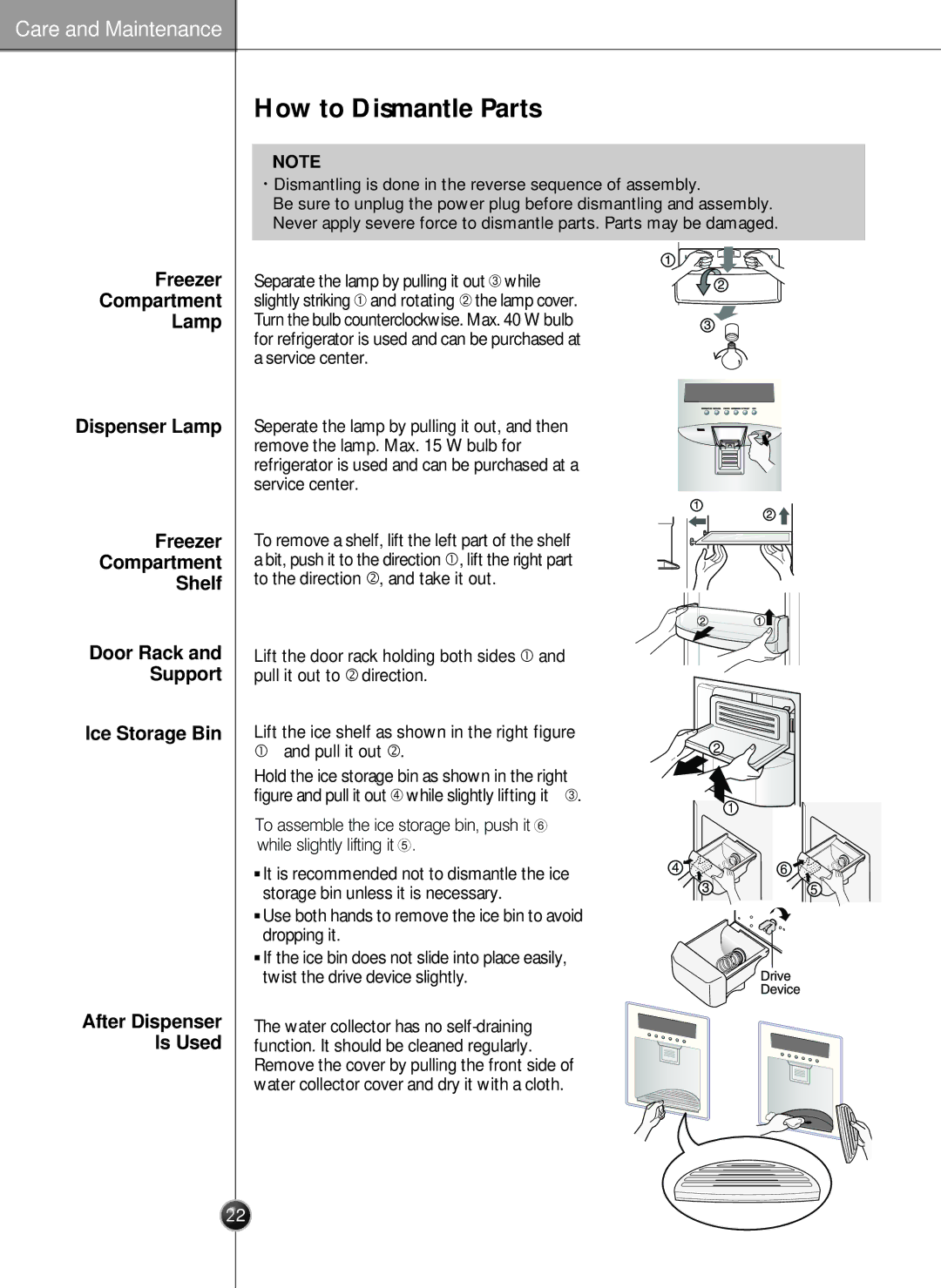 LG Electronics LSC27926ST How to Dismantle Parts, Freezer Compartment Lamp, Ice Storage Bin, Door Rack and Support 