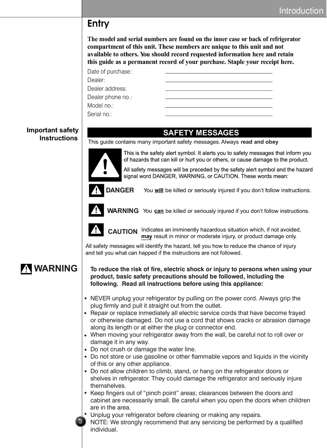 LG Electronics LSC27926SB, LSC27926SW, LSC27926TT, LSC27926ST owner manual Entry, Important safety Instructions 