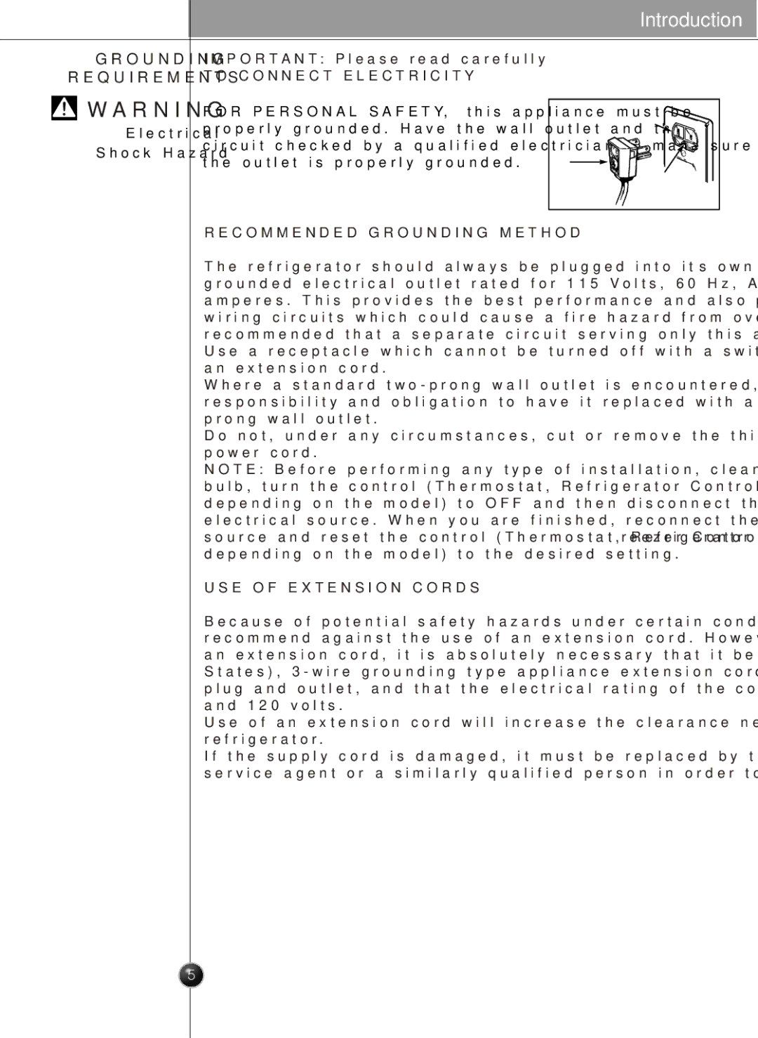 LG Electronics LSC27926TT, LSC27926SW, LSC27926ST, LSC27926SB owner manual Grounding Requirements, Electrical Shock Hazard 