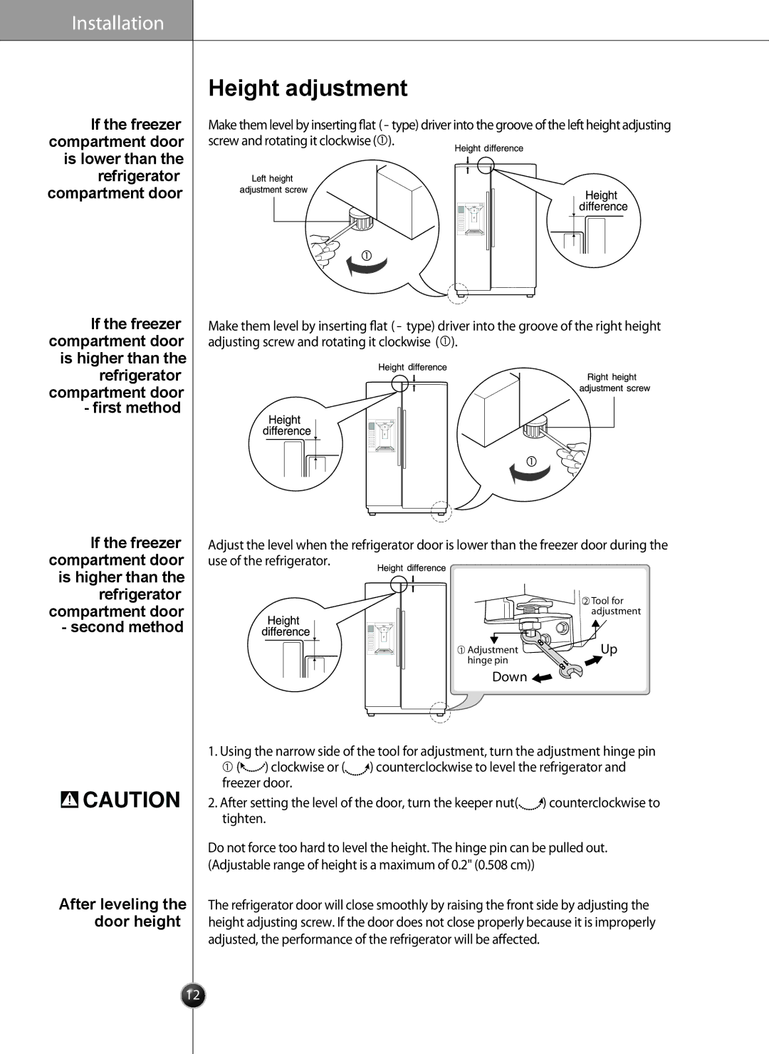 LG Electronics LSC27931** owner manual Height adjustment, After leveling the door height 