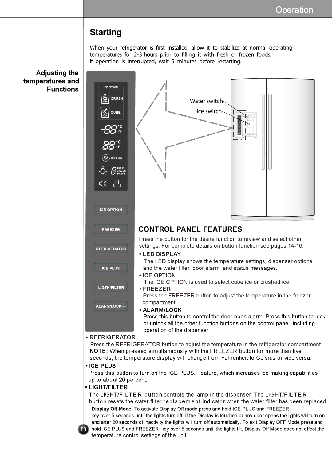 LG Electronics LSC27931** owner manual Starting, Adjusting the temperatures and Functions 