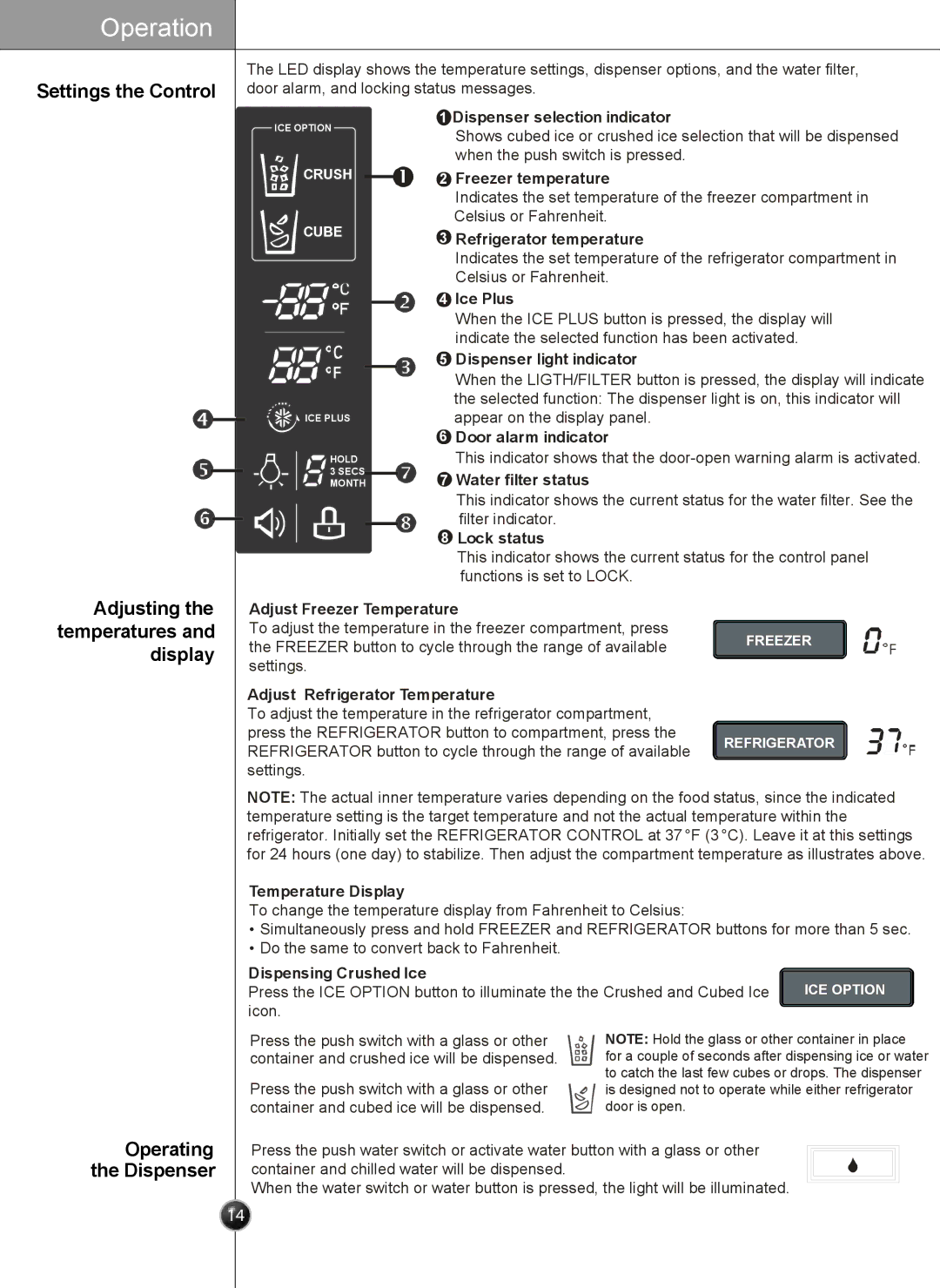 LG Electronics LSC27931** Settings the Control, Adjusting the temperatures and display, Operating the Dispenser 