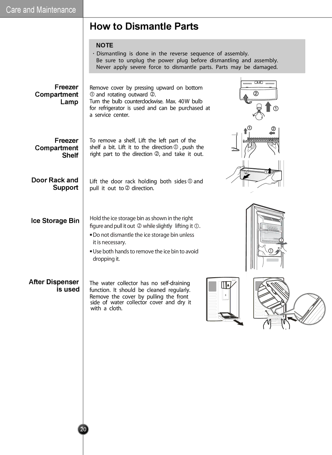 LG Electronics LSC27931** How to Dismantle Parts, Freezer Compartment Lamp Shelf, Ice Storage Bin After Dispenser Is used 