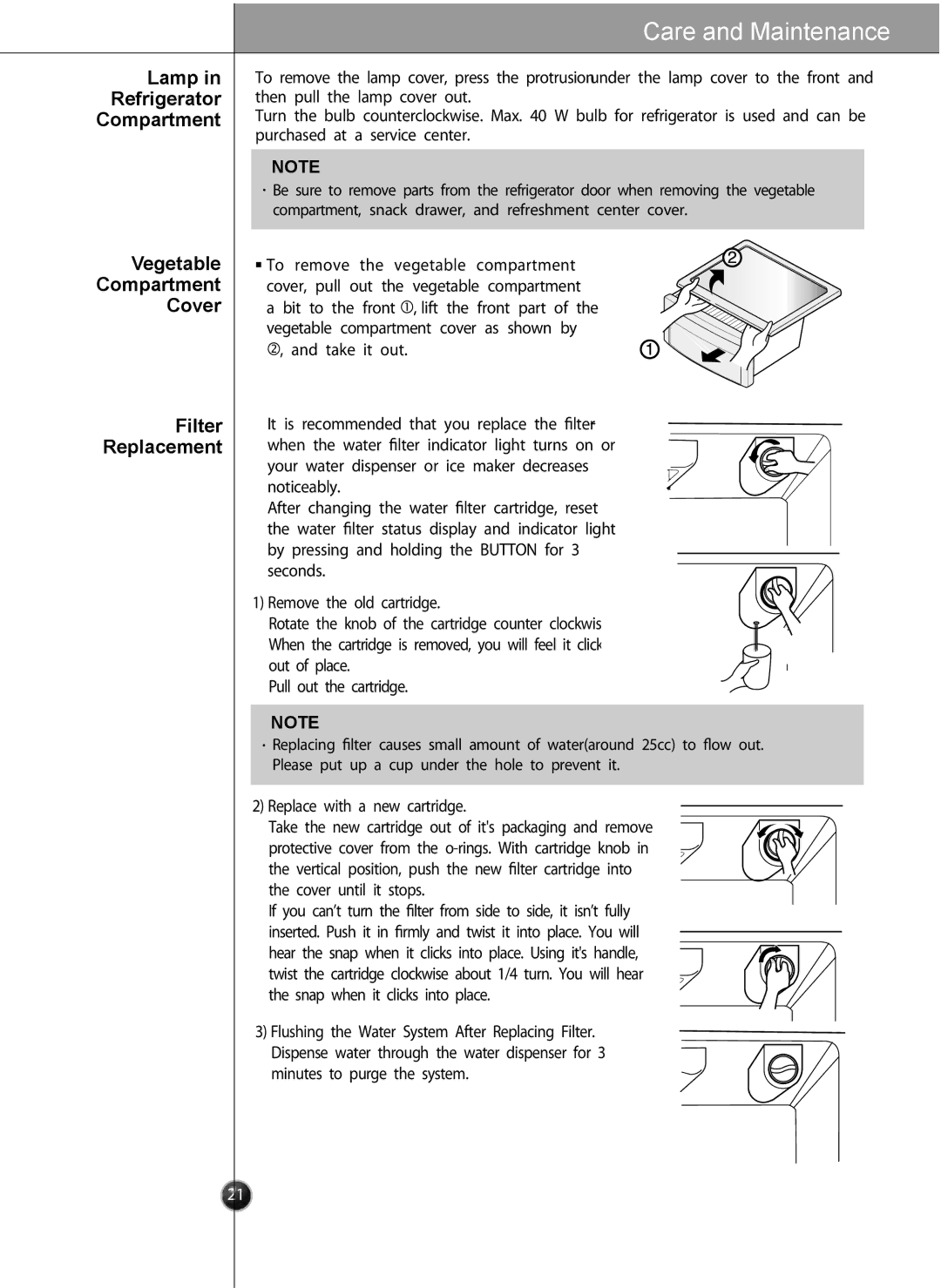 LG Electronics LSC27931** owner manual Lamp Refrigerator Compartment, Vegetable Compartment Cover Filter Replacement 