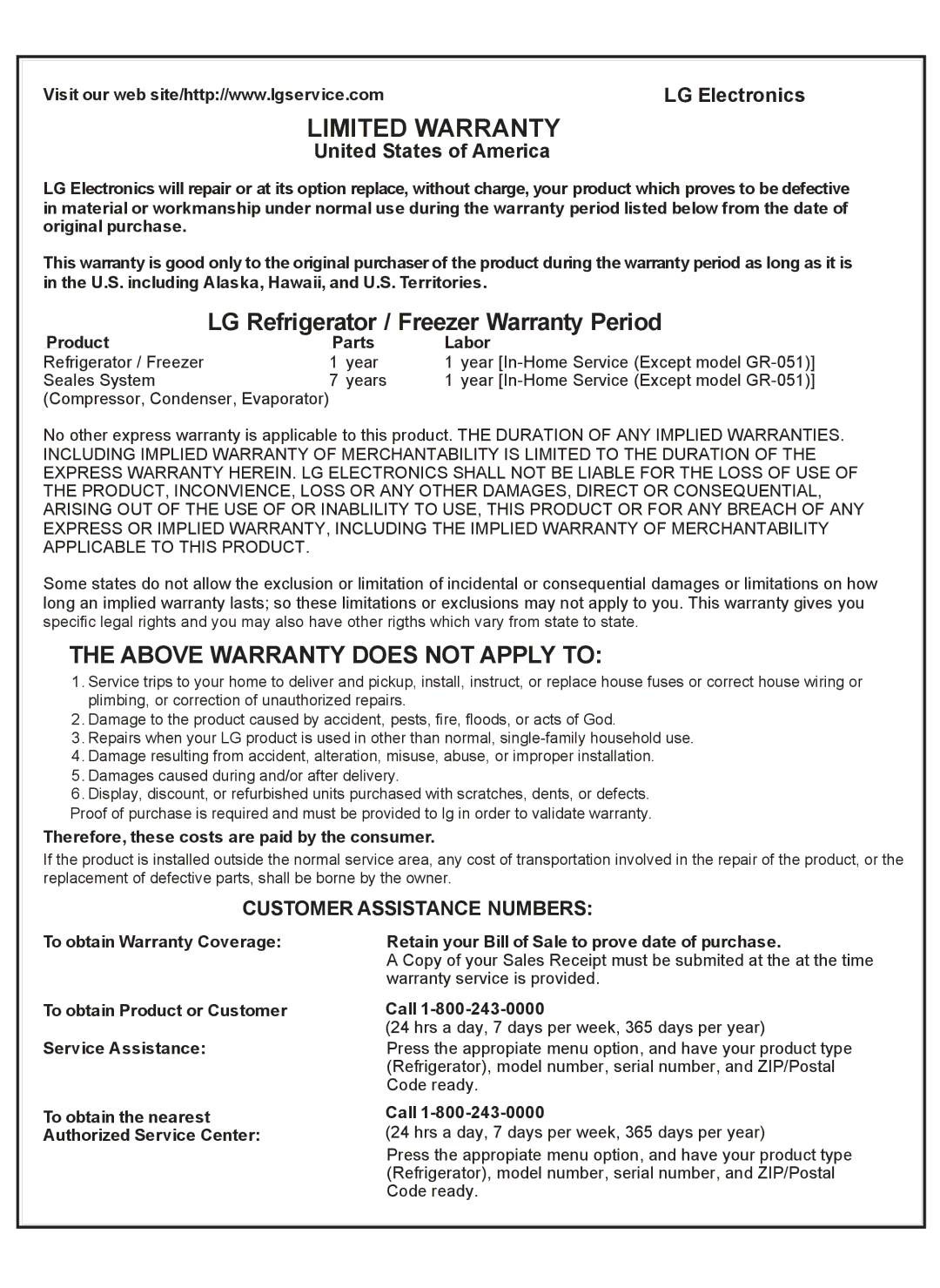 LG Electronics LSC27931** owner manual Limited Warranty 