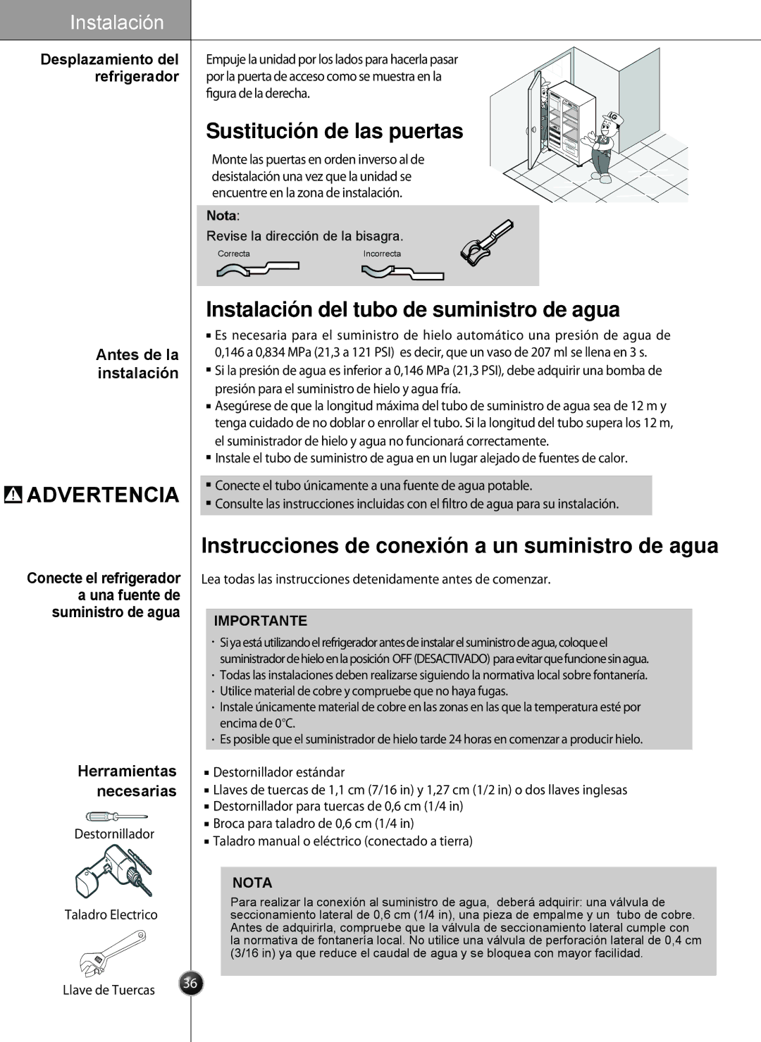 LG Electronics LSC27931** owner manual Antes de la instalación, Herramientas necesarias, Nota 