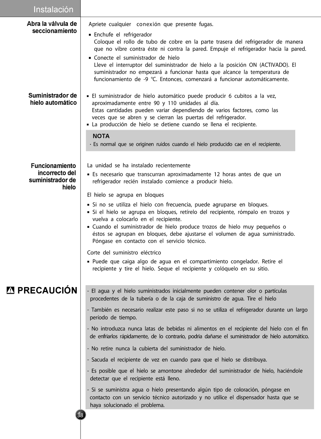 LG Electronics LSC27931** owner manual Conecte el suministrador de hielo, La unidad se ha instalado recientemente 