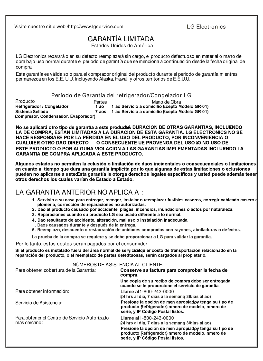 LG Electronics LSC27931** owner manual Período de Garantía del refrigerador/Congelador LG, Producto Partes Mano de Obra 